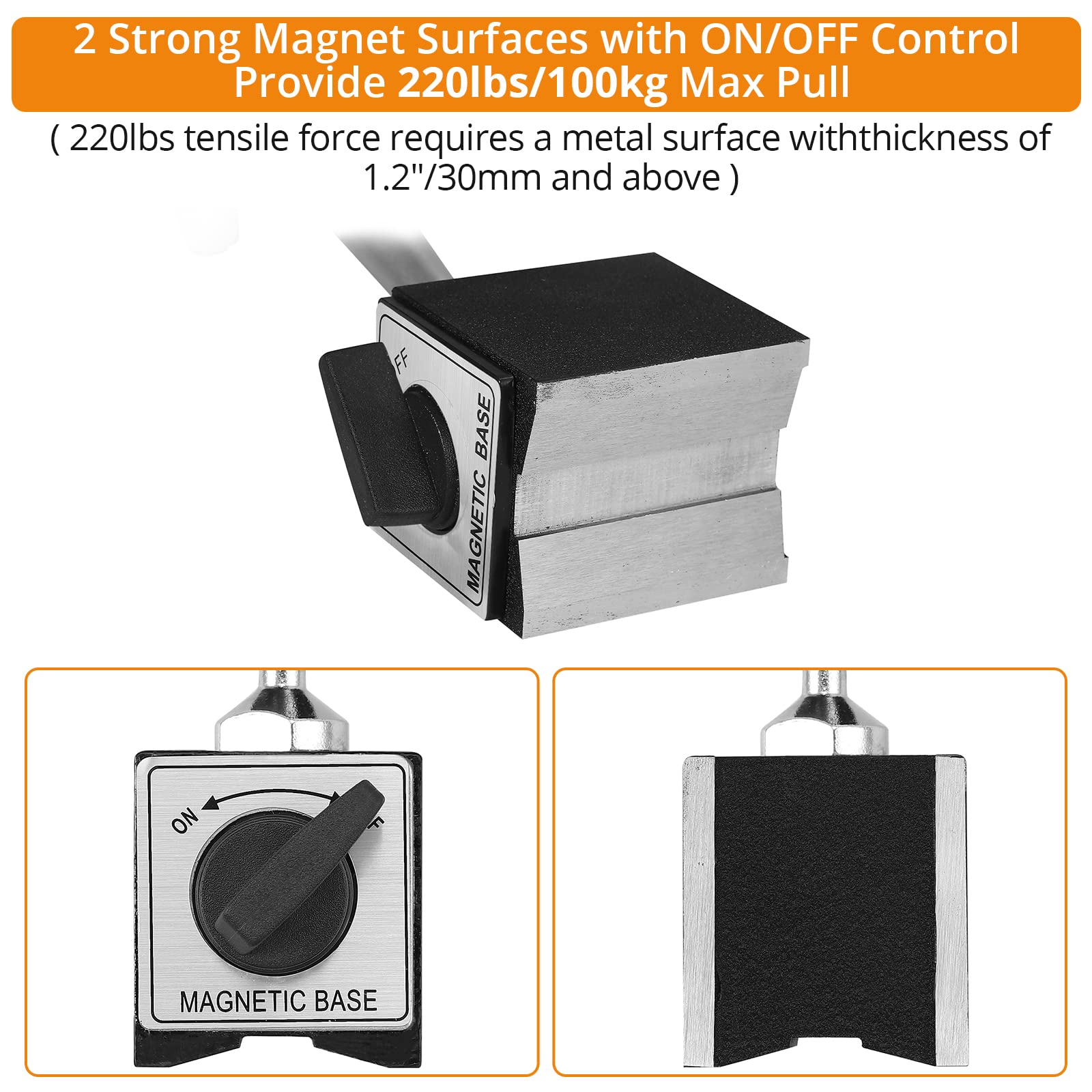 Neoteck Base Magnétique pour Indicateur 100KG Support de Base Magnétique pour Jauge d'Indicateur à Cadran Numérique en Acier 220 lbs Support de Montre Flexible Cadran avec Interrupteur ON/OFF