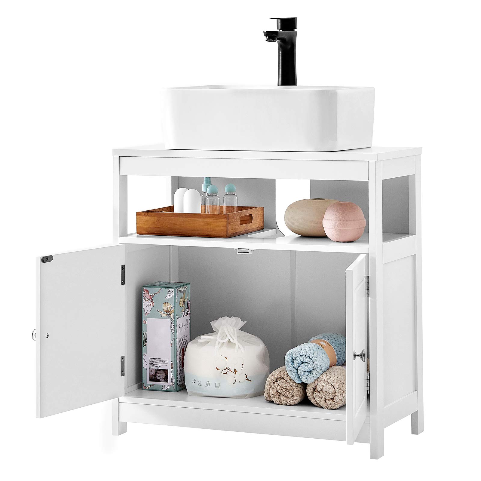 VASAGLE Waschbeckenunterschrank, Badezimmerschrank, Aufbewahrungsschrank, 30 x 60 x 60 cm, mit 2 Türen, offenes Fach, mit Griffen, wolkenweiß BBC301W01