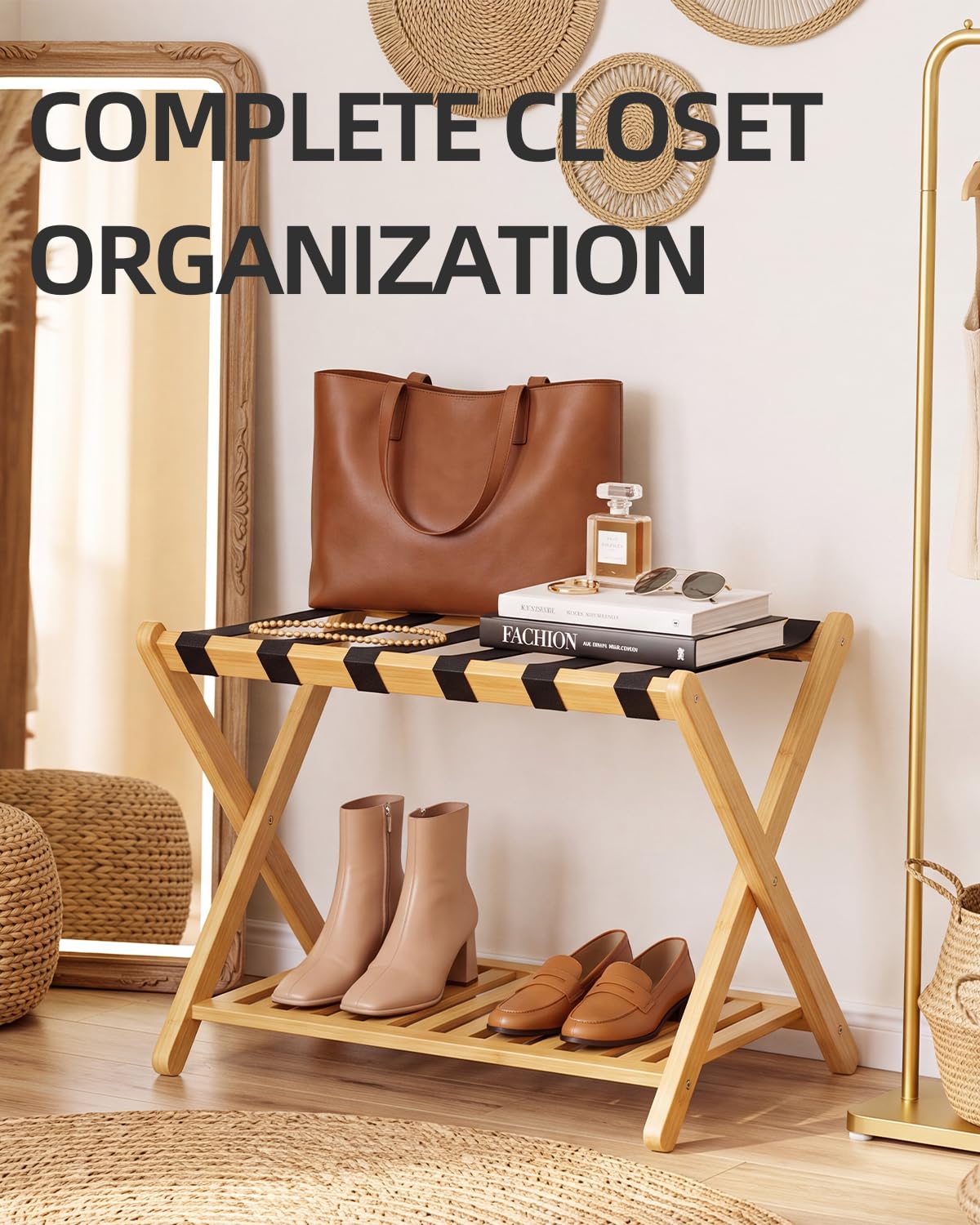 SMIBUY Porte-bagages, support de valise pliable en bambou avec étagère de rangement pour chambre d’amis, chambre, hôtel, robuste (naturel et noir)