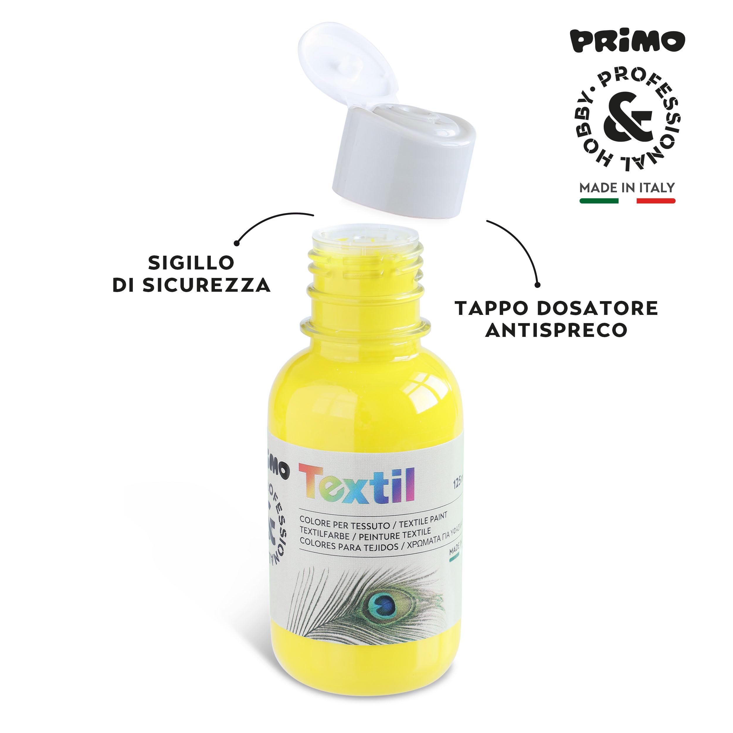PRIMO Hobby & Professional - Colori Acrilici per Dipingere 6 Colori per Artisti +14 Anni 125ml Colori per Tessuti Permanenti Coprenti Vernice Acrilica Cartoleria Lavoretti Creativi Pittura per Tessuti