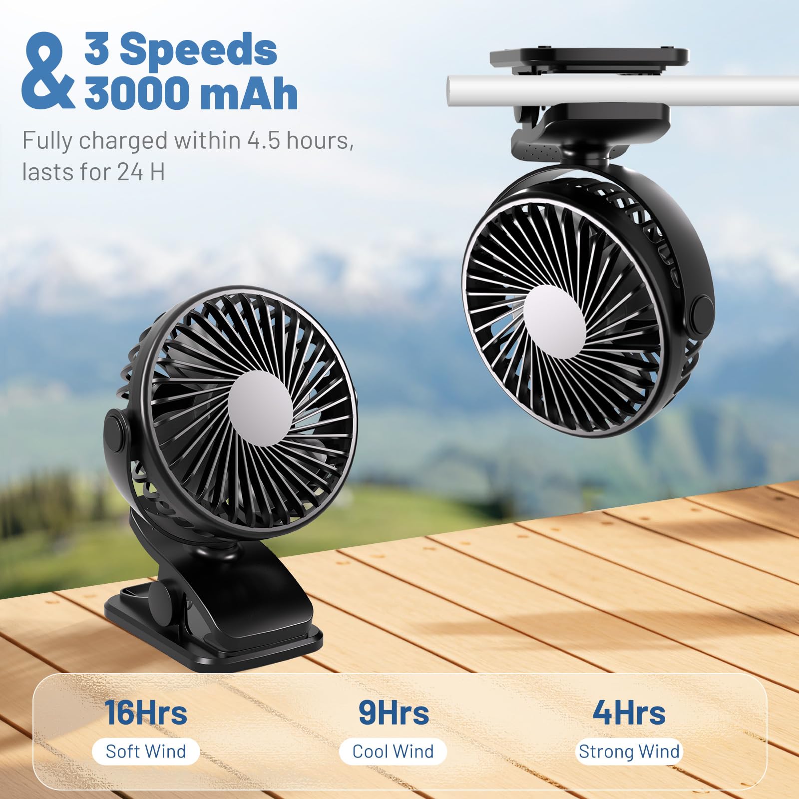 Ventilador portátil con clip alimentado por batería, ventilador portátil para viajes, mini ventilador de escritorio personal silencioso de 3 velocidades, rotación de 360° recargable para acampar 6