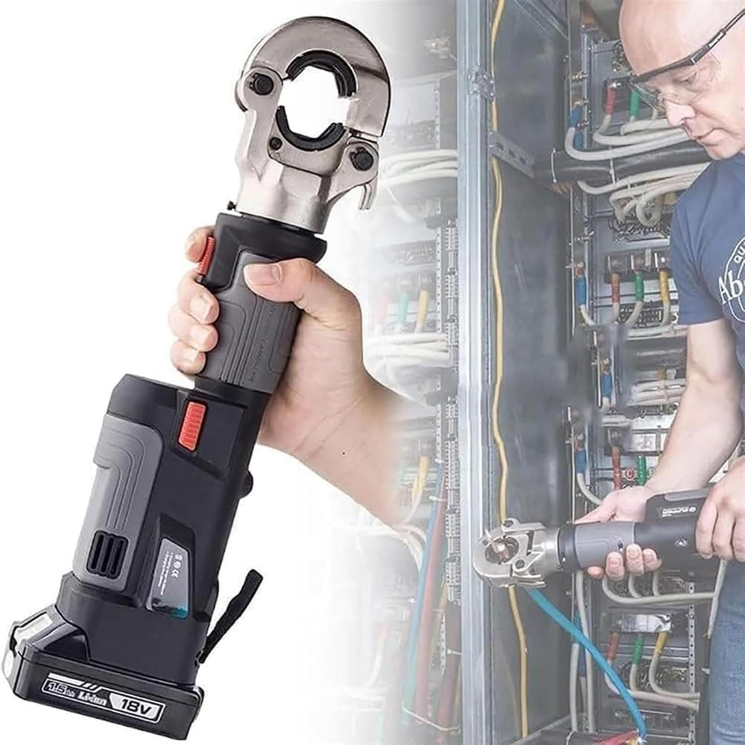 Xyfgodem Green Professional Electric Hydraulic Crimping Tool Kit – Crimping Pliers Terminals And Electrical Cables 16 To 300 Mm² Rechargeable Battery Ergonomic Design Grey