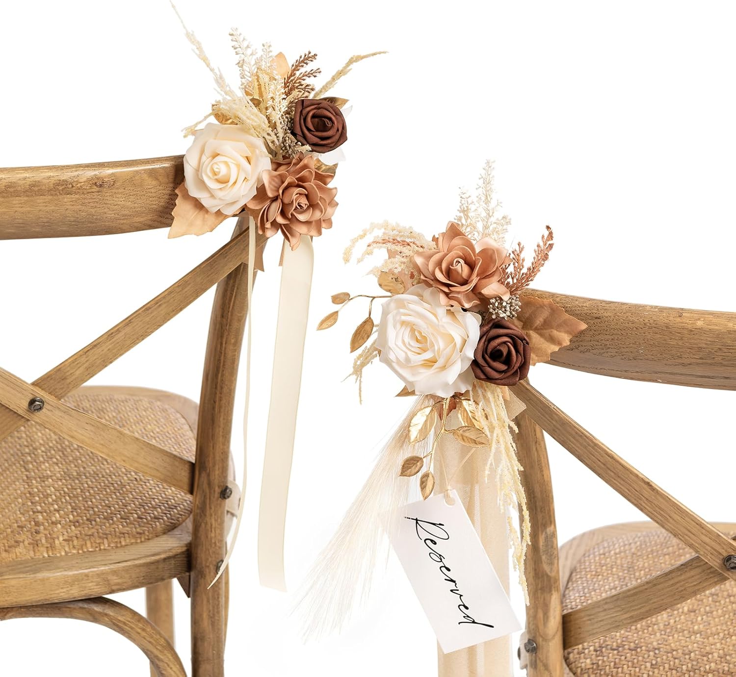 Ling's moment 8pcs Wedding Aisle Chair Decorations Artificial Pew Flowers Markers Arrangements with Cards Chiffon Ribbons Rust & Sepia Ceremony Chair Back Floral Decor Reception Church Party Outdoor