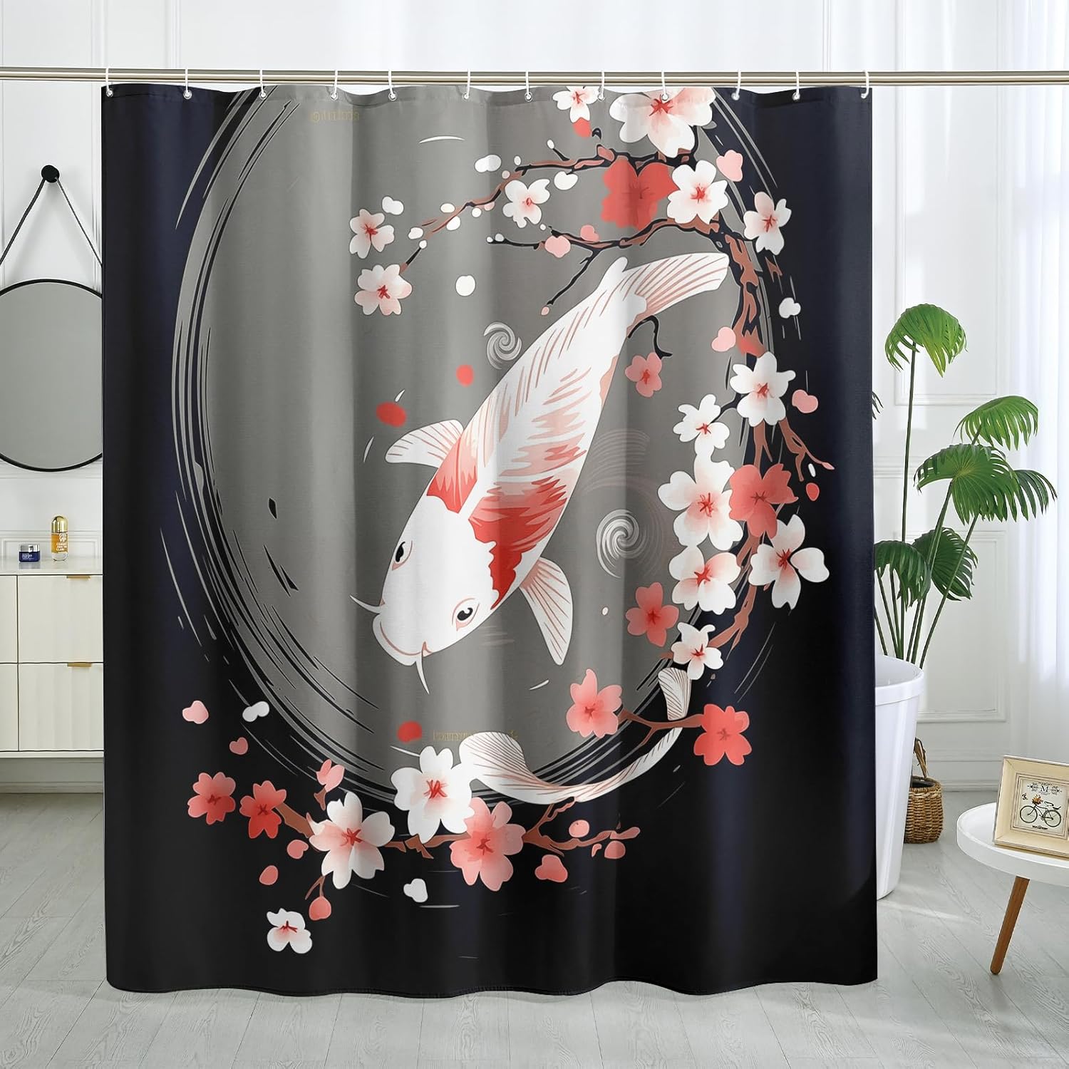 Cool Japanese Koi Shower Curtain Set, Fish Shower Curtain Cherry Flower Asian Anime Style Art Bathroom Decor Polyester Fabric-72" x 72"