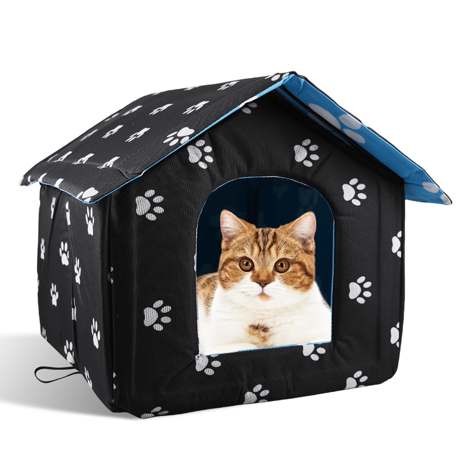 Casa para Gatos, Lavable Tela Oxford Casas para Gatos al Aire Libre, Casa para Gatos para Exteriores con Almohadilla, Casa para Gatos al Aire Libre para Interiores y Exteriores (40×38×35 cm, Negra)
