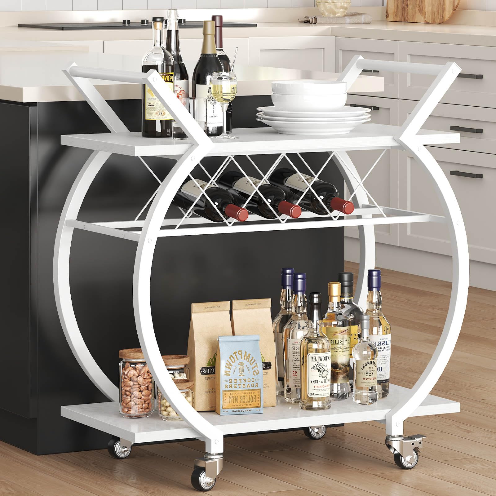 LVB Carrello Portabevande Bianco, Carrello Bar Moderno con Ruote, Mobile per Vino/Cucina, Design Elegante con Ripiano, Adatto a Soggiorno o Dining