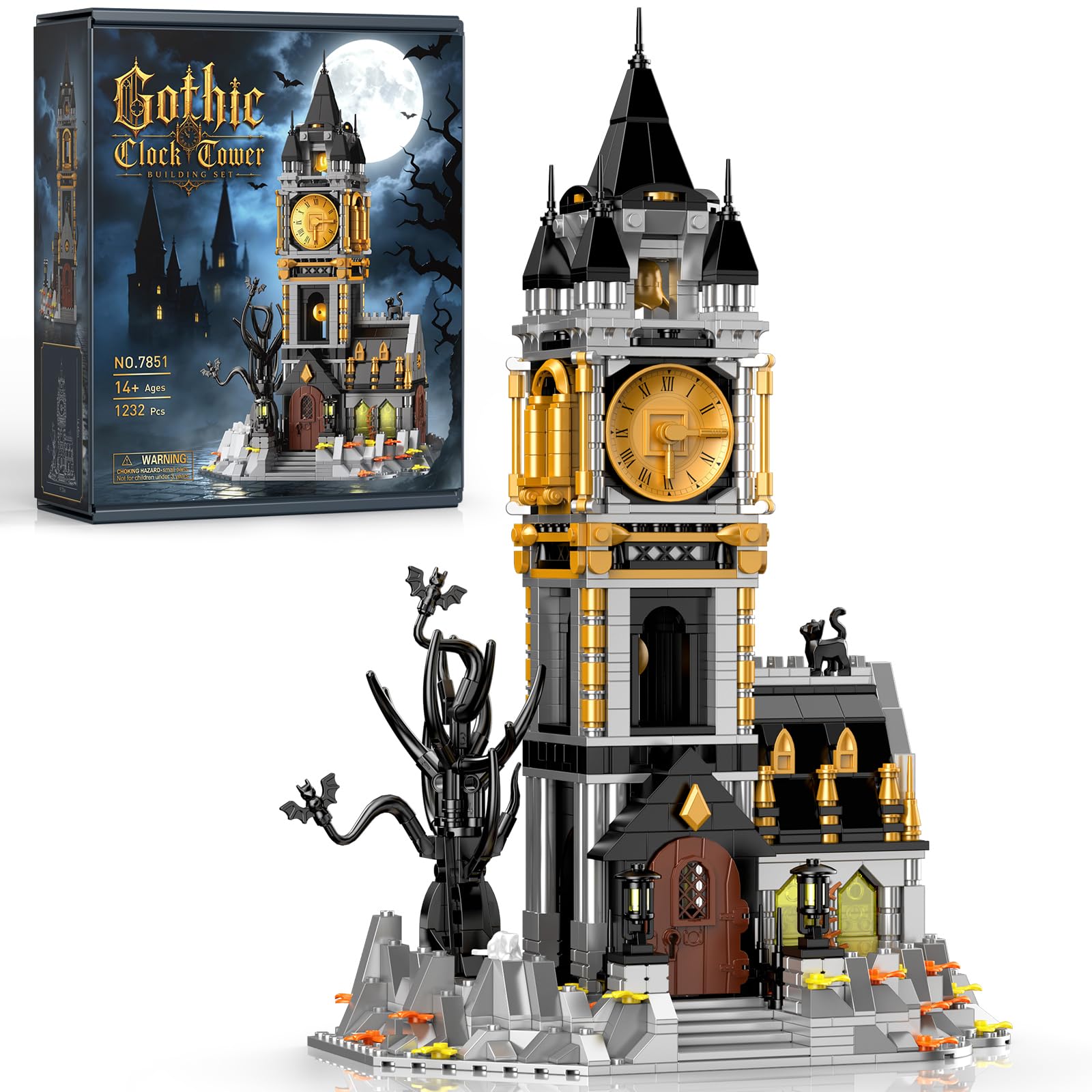 Vziimo Magic Clock Tower Bausteine, Gothic Haus Klemmbausteine Deko Modell mit Katze & Tiere, Schloss MOC Creator Geschenk für Erwachsene ab 15 Jahren (1232 Teile)
