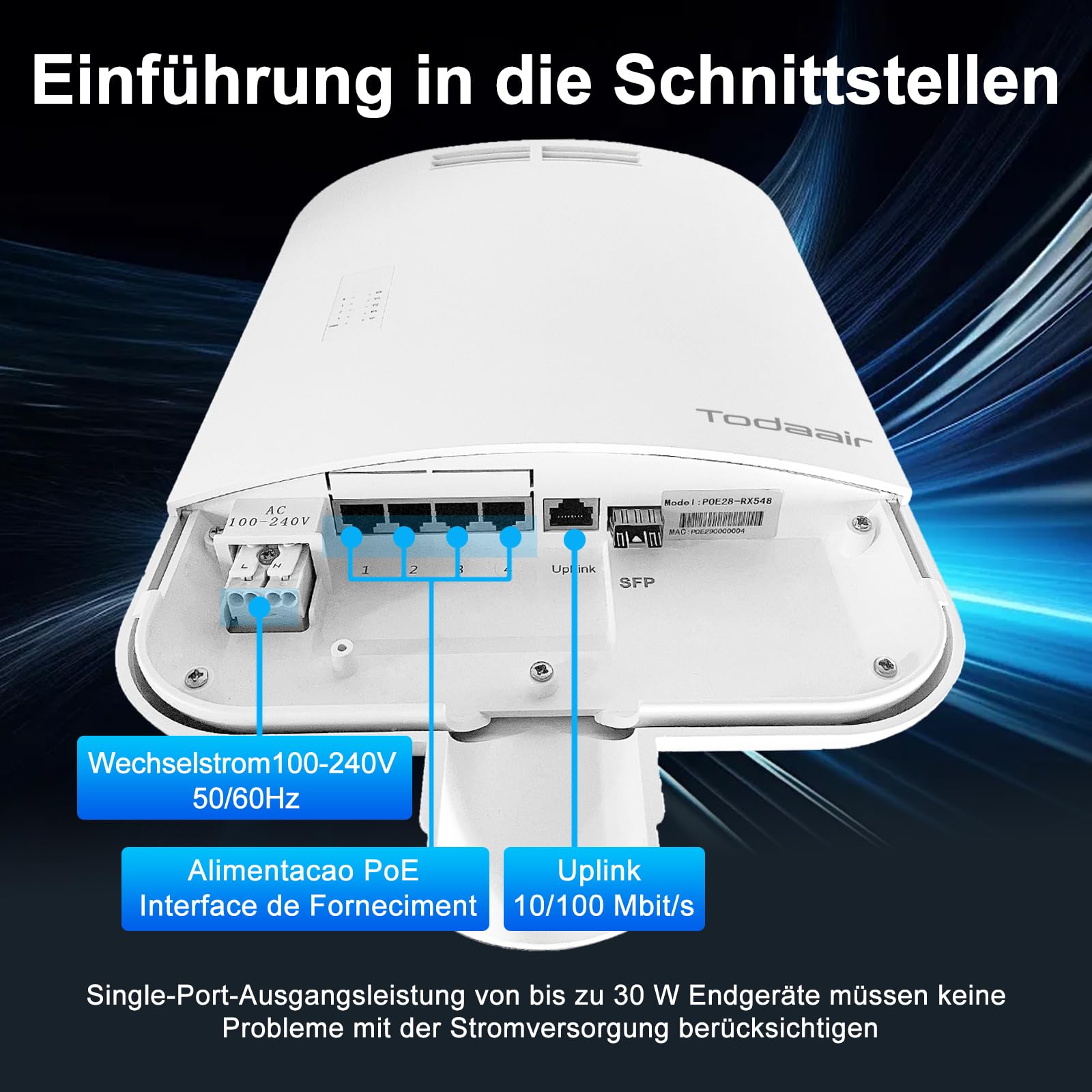 PoE-Switch für den Außenbereich,IP65 wasserdicht 4-Ports-Gigabit mit 30 W pro Port,1*Gigabit-Uplink-Port und 1*SFP-Schnittstelle,65 W hohe Leistung,Plug & Play, Netzwerk-Hub,Ethernet-Splitter