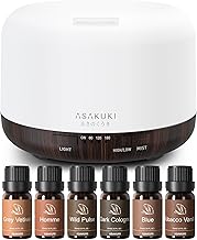 ASAKUKI Oil Diffuser Set – 500ml Cool Mist Humidifier with 6 Masculine Essential Oils – Dark Cologne, Tobacco Vanilla, Vetiver, More – for Home, Office, Gift