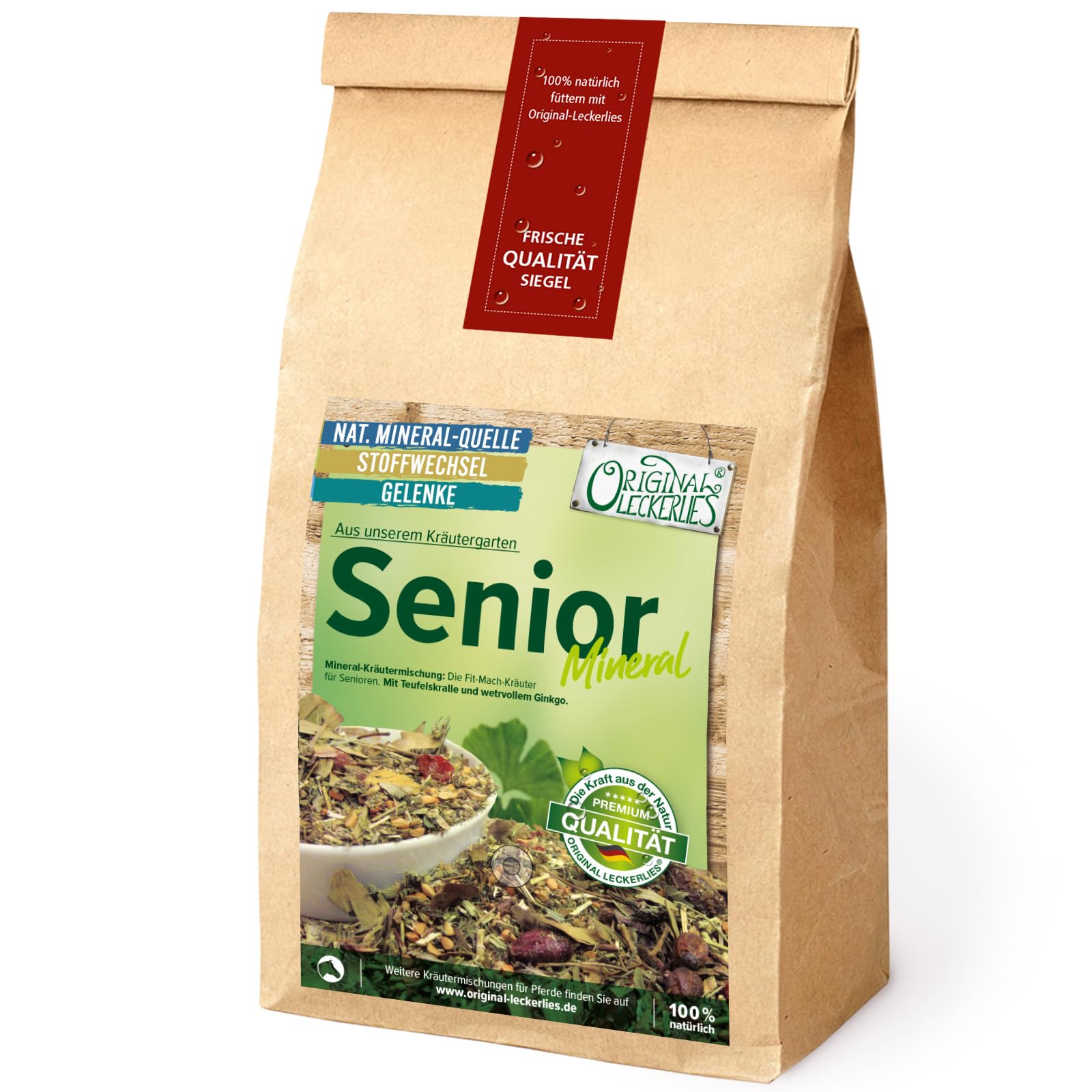 ORIGINAL LECKERLIES Senior-Mineral-Kräutermix, 2,5kg Pferdekräuter, Kräuter für Pferde, Pferdefutter, Naturprodukt, Abgestimmt auf die Bedürfnisse unserer Senioren, mit Teufelskralle und Ginkgo