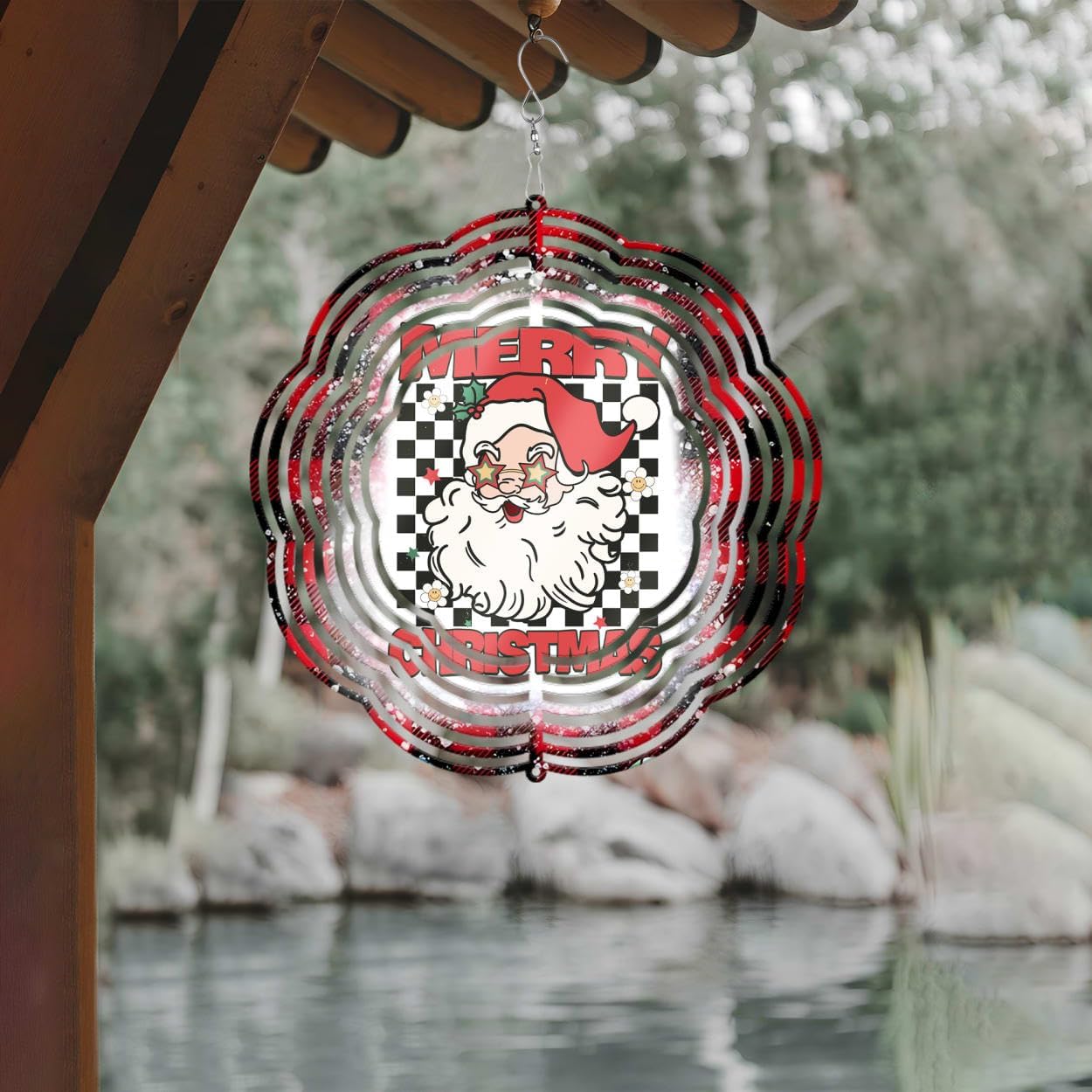 Santa Claus Checkered Christmas Wind Spinners 3D Stainless Steel Laser Cut Metal Double Sided Printing-Hanging Indoor/Outdoor Decorations Yard Gardening Decor,Metal Kinetic Art 16x16 inches