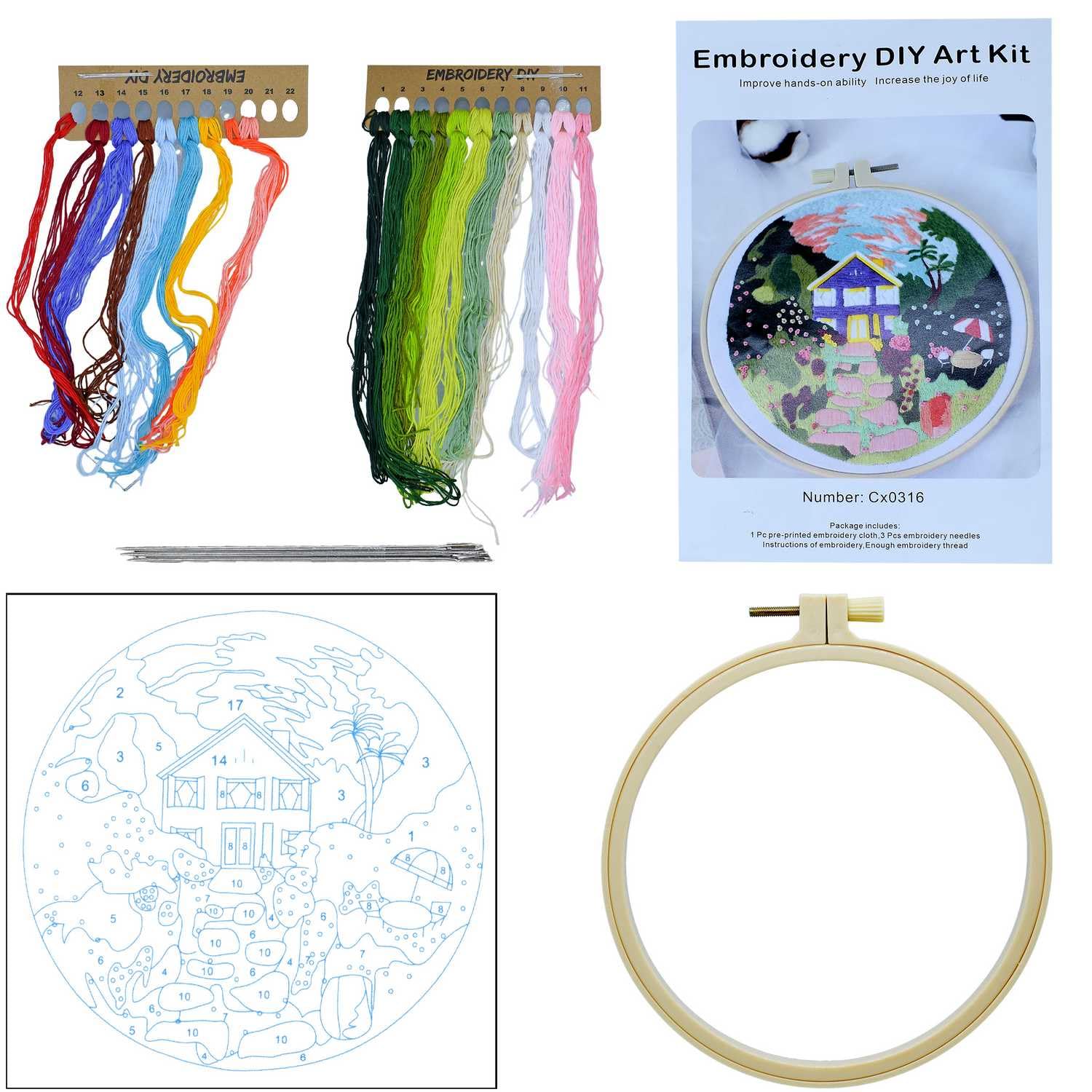 ILLUMAZE Embroidery Diy Art Kit Cross Stitch Embroidery Kit Combo Pack for Beginners & Adults - Includes 3 Unique Designs, Hoop, Printed Fabric, Threads, Needles, Cutter, and Instructions -Craft Hobby, Multicolor-image-36