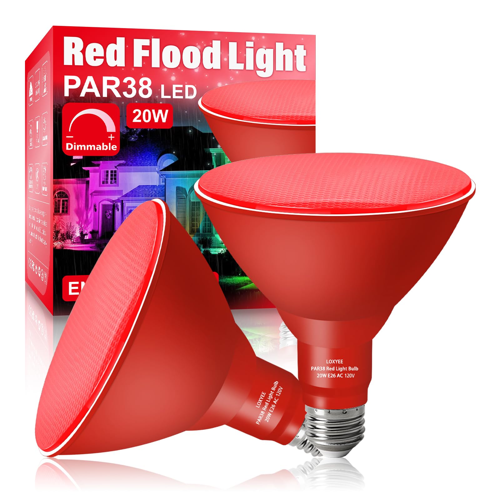 PAR38 Flood Red Light Bulb, 2 Pack - Dimmable, E26 Base, 20W Equivalent to 200W, Outdoor Red Flood Light, Colored Spot Light, Halloween & Christmas Lighting