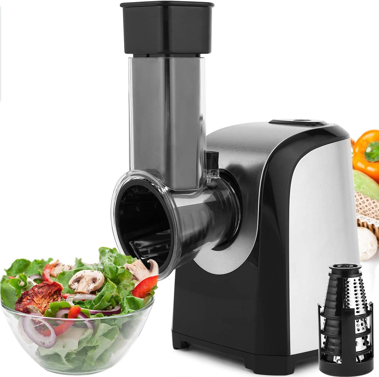 Simlive Electric Salad Maker Food Grater Slicer with 4 Cone Blades for Fruits, Vegetables, and Cheeses (Black)