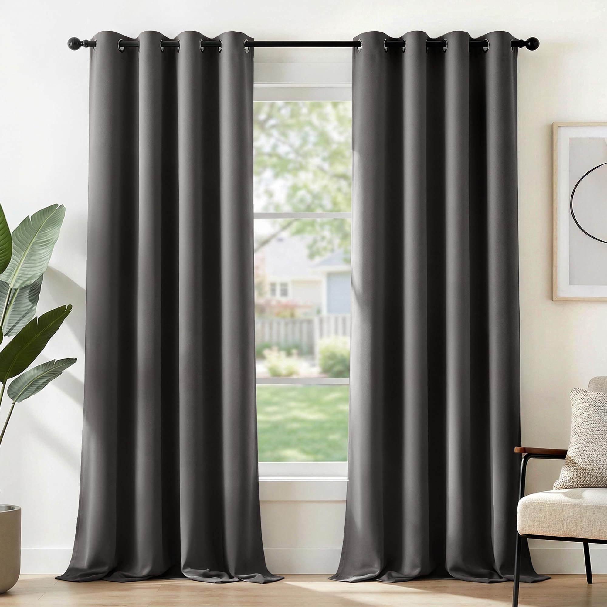 Deconovo Dark Grey Blackout Curtains, Thermal Insulated Eyelet Curtains Pair, Energy Saving Room Darkening Panels for Bedroom & Living Room, W52 x L90 Inch, Pack of 2, Warm Charcoal Grey
