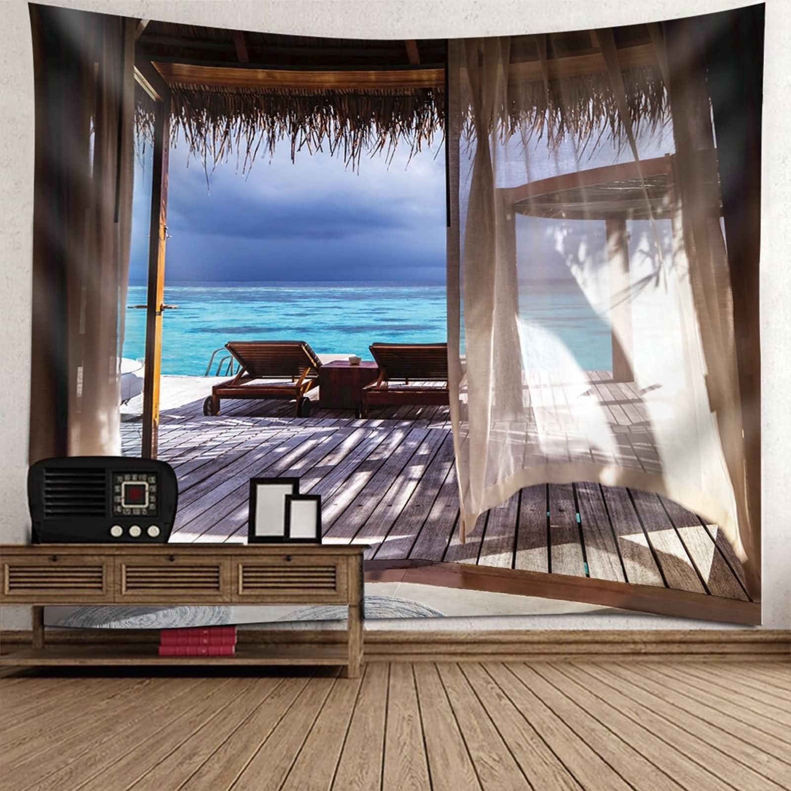 Homxi Tapiz para Sofá 260 x 240 CM,Paisaje de Costero Poliéster Decoración Paredes Tapices Marrón Azul Verde