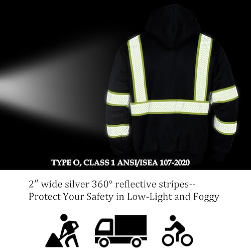 Miniatura 6 de VENDACE Sudadera reflectante de seguridad ANSI Clase 3 para hombre, de lana y forro polar, con cremallera y parte inferior negra (negro, XL)