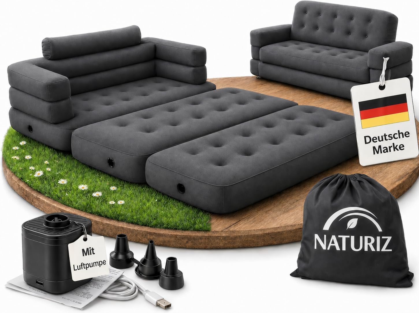 Naturiz® Pull Out Sofa 165x220cm - Camping Sofa mit Bettfunktion - Gästebett 2 Personen - Aufblasbares Sofa mit Tragetasche - kleines Mini Sofa, Mini Couch, Luftsofa (Grau, mit Pumpe)