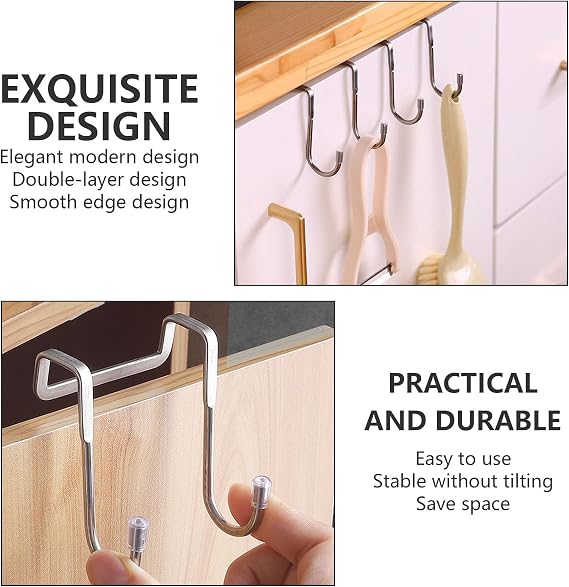Over Door Hooks 2PCS Stainless Steel Kitchen Hook | Multipurpose Cupboard Hooks for Hanging | Tea Towel Holders & Shower Hook | Heavy Duty for Bathrooms Kitchen Cabinet Wardrobe