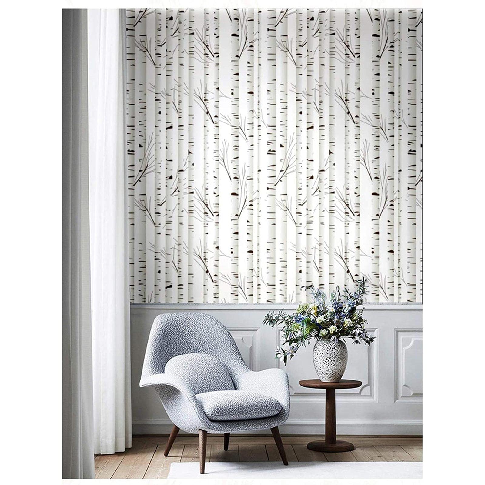 Pegatinas de Pared Pegatinas de pared Pelar y palo extraíble pintura a mano acuarela negro / blanco abedul de abedul auto adhesivo prepasado fondo de pantalla para la decoración de la pared del dormit