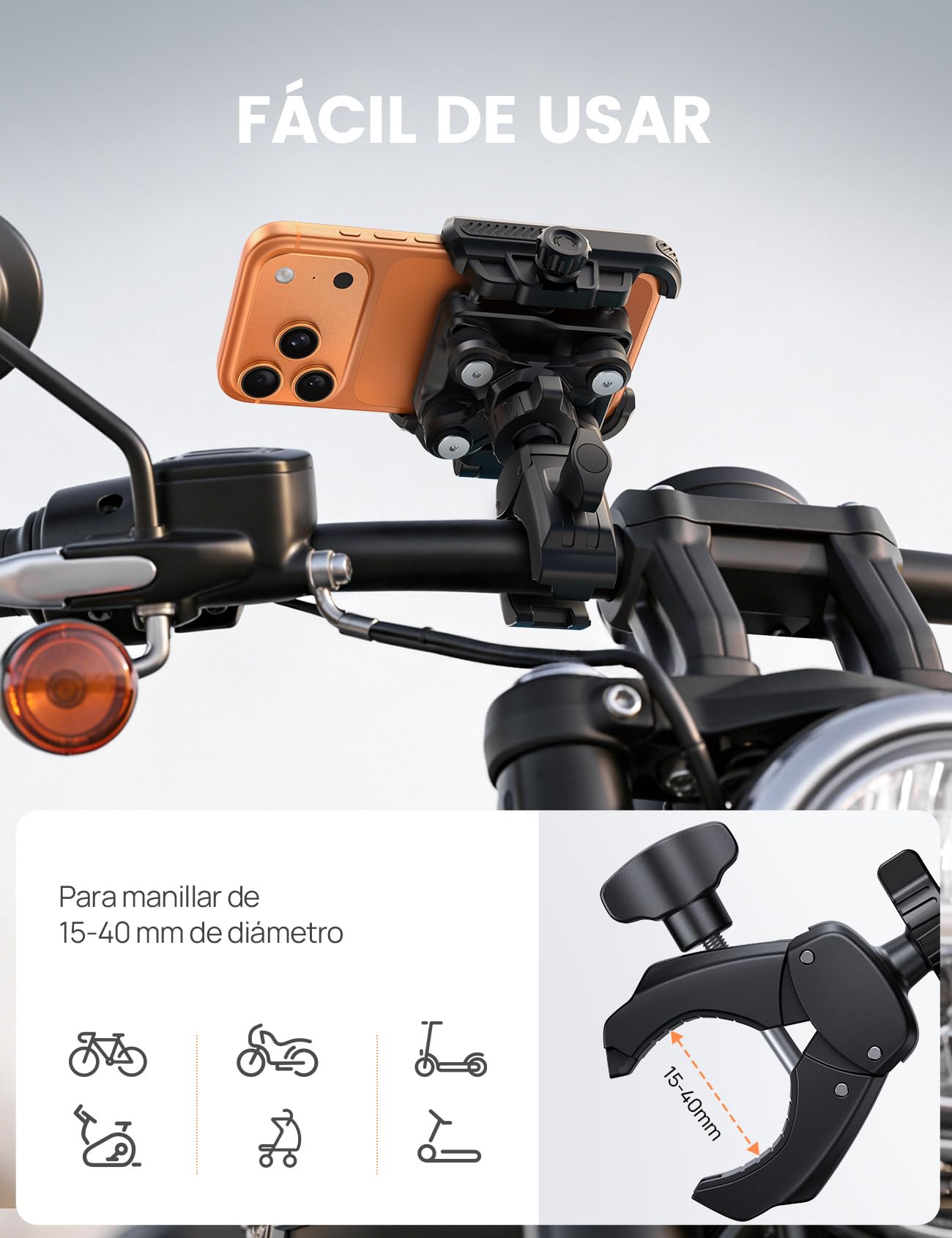 Lamicall Soporte Móvil Moto, Soporte Móvil Bicicleta - [No Obstruye la Cámara] [Doble Antivibración] 1S Liberación Rápida, 360° Rotación, Soporte Teléfono Manillar para iPhone y Smartphone de 6-7,2"