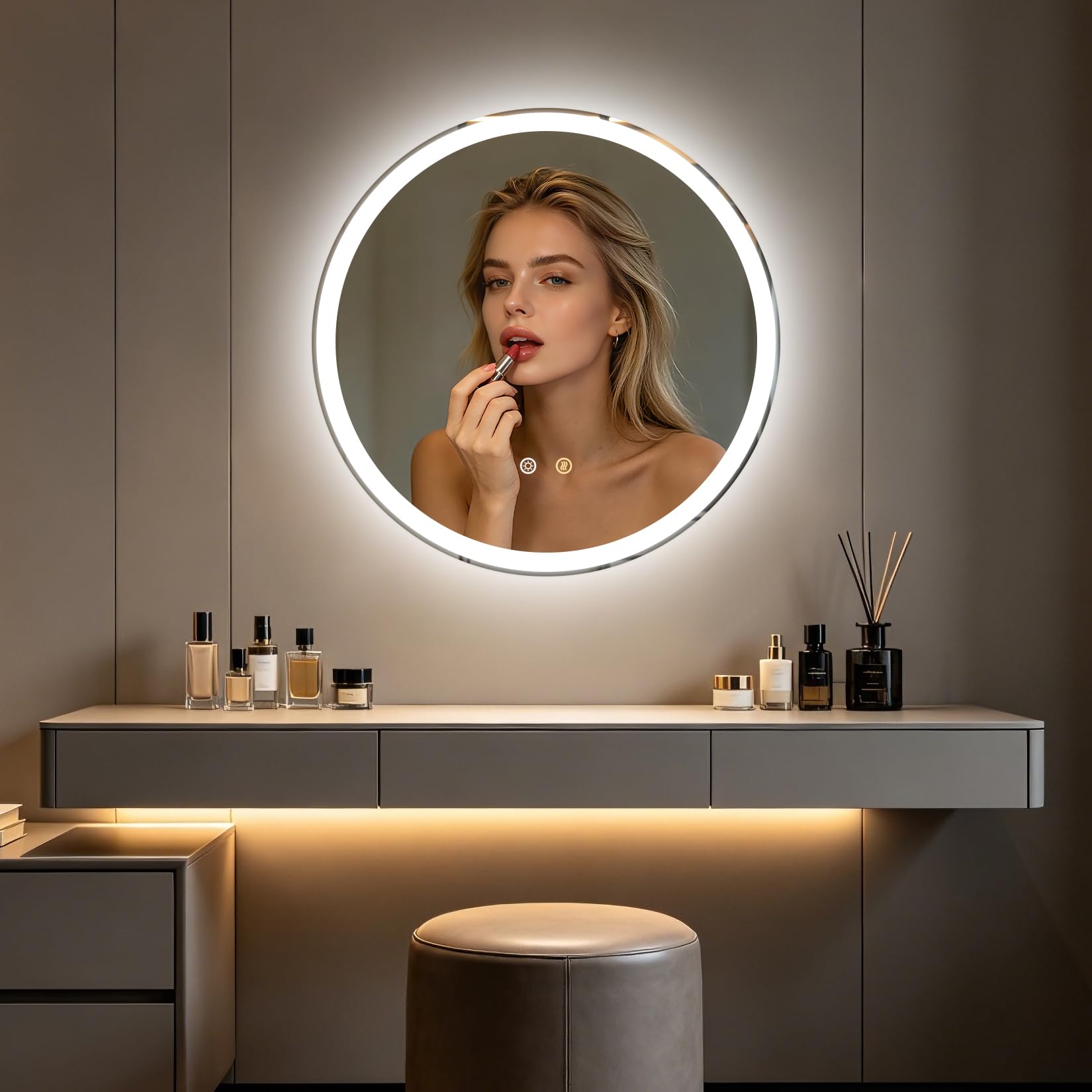 Olyvren 50 cm runder Badezimmerspiegel mit LED-Beleuchtung, Wandmontage – Ansicht 12