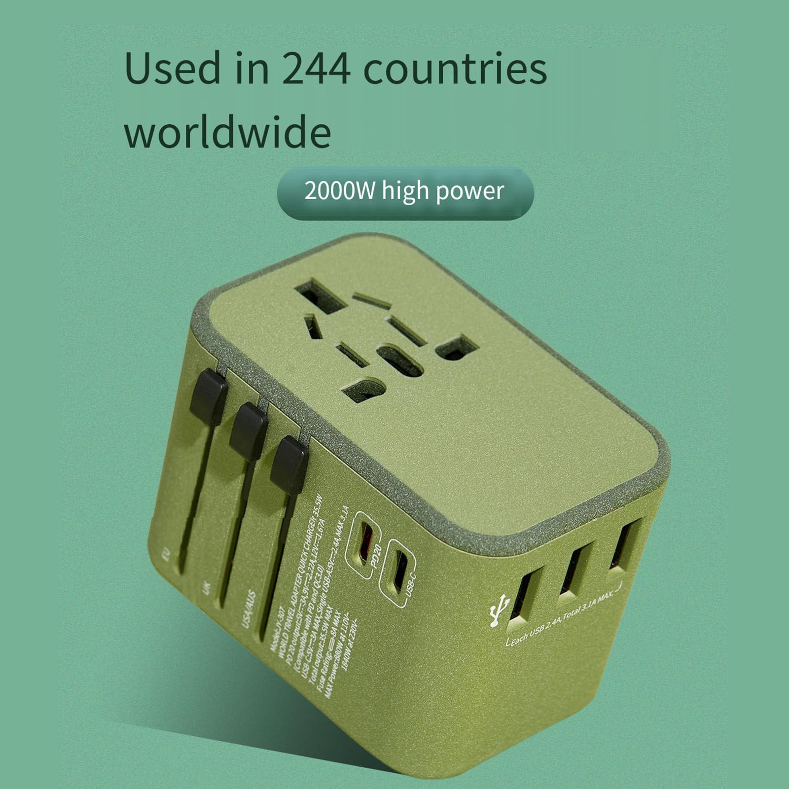 Adattatore da viaggio universale, 3 USB+2 Type-C+1 presa globale+pin universale, un caricabatterie da muro indispensabile per i viaggi globali,Green-TYPE-Cfastcharge