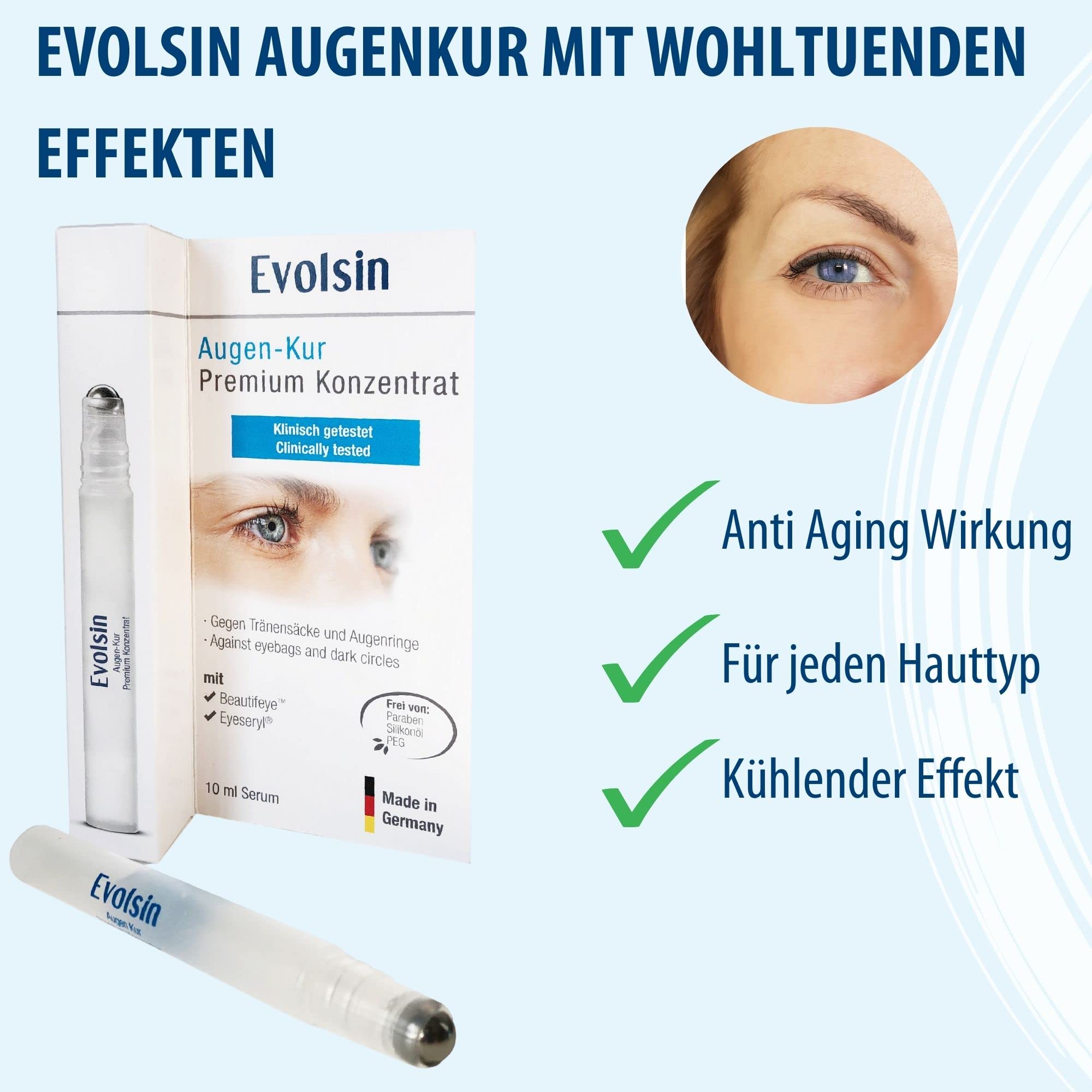 Evolsin Augenserum | Tränensäcke und Augenringe entfernen | Effektive Linderung von Schwellungen, Falten und müden Augen | Natürliche Anti-Aging Wirkstoffe