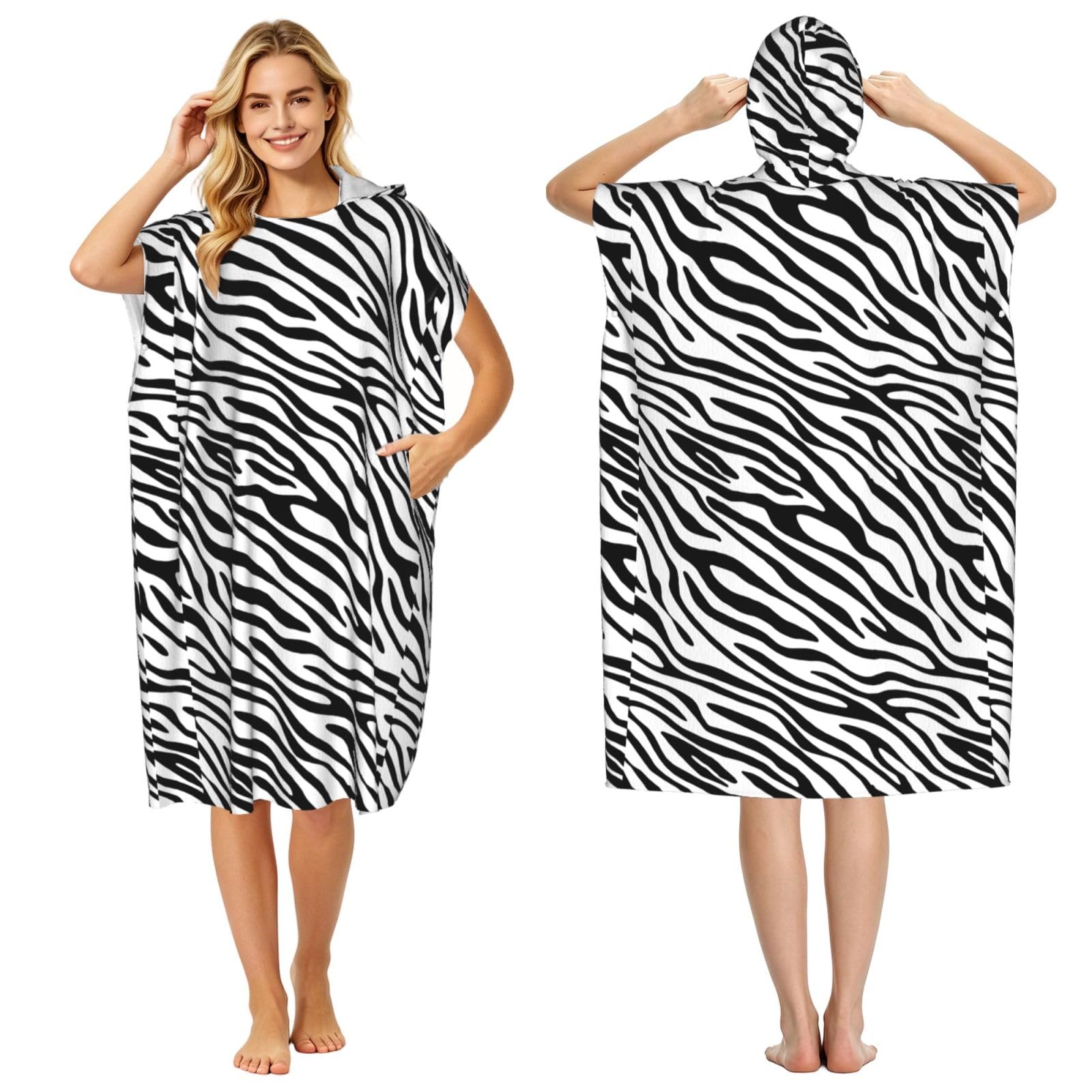 Poadnly Basic Zebra, Adult Hooded Beach Towel 90 x 110 cm,Changing Bath Robe, Surf Poncho Towel For Women Men
