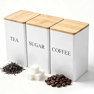 3 Pack Coffee Tea Sugar Container Set, 33oz Kitchen Canisters Set with Bamboo Lids, Stackable Food Storage Container Jars for Coffee Beans, Tea, Sugar, Flavourings, Cereals, Snacks (White)