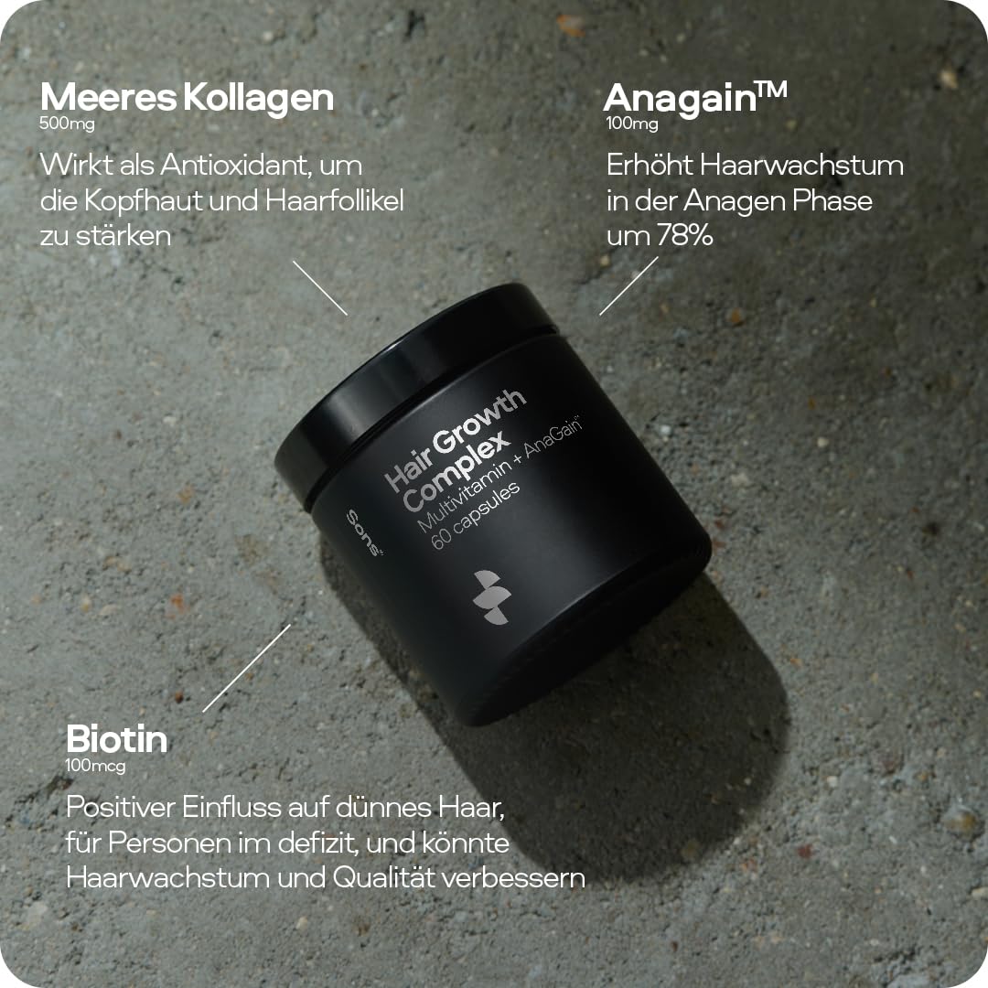 Sons Hair Growth Complex Multi-Vitamin & Anagain, Nahrungsergänzung mit Kollagen, Vitaminen & Mineralien, aus natürlichen Inhaltsstoffen, fördert gesünderes & kräftigeres Haar - 3 Monate (180 Kapseln)