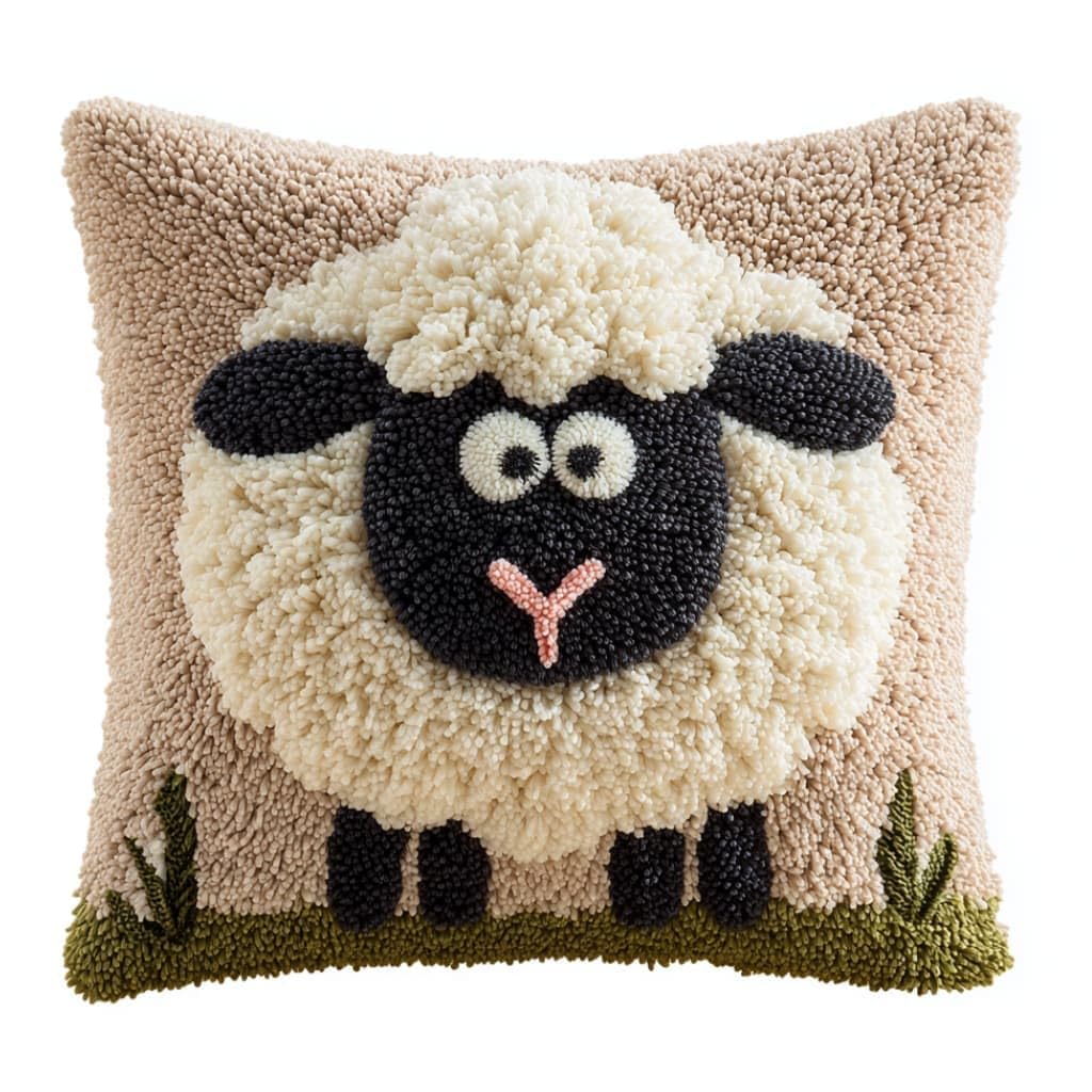 WallustrioaW Latch Hook Pillow Case Kits,Sheep 17X17 Inch Latch Hook Cushion Cover Kit,Knitting Kits Cushion for Adults Rug Making Kit for Starters