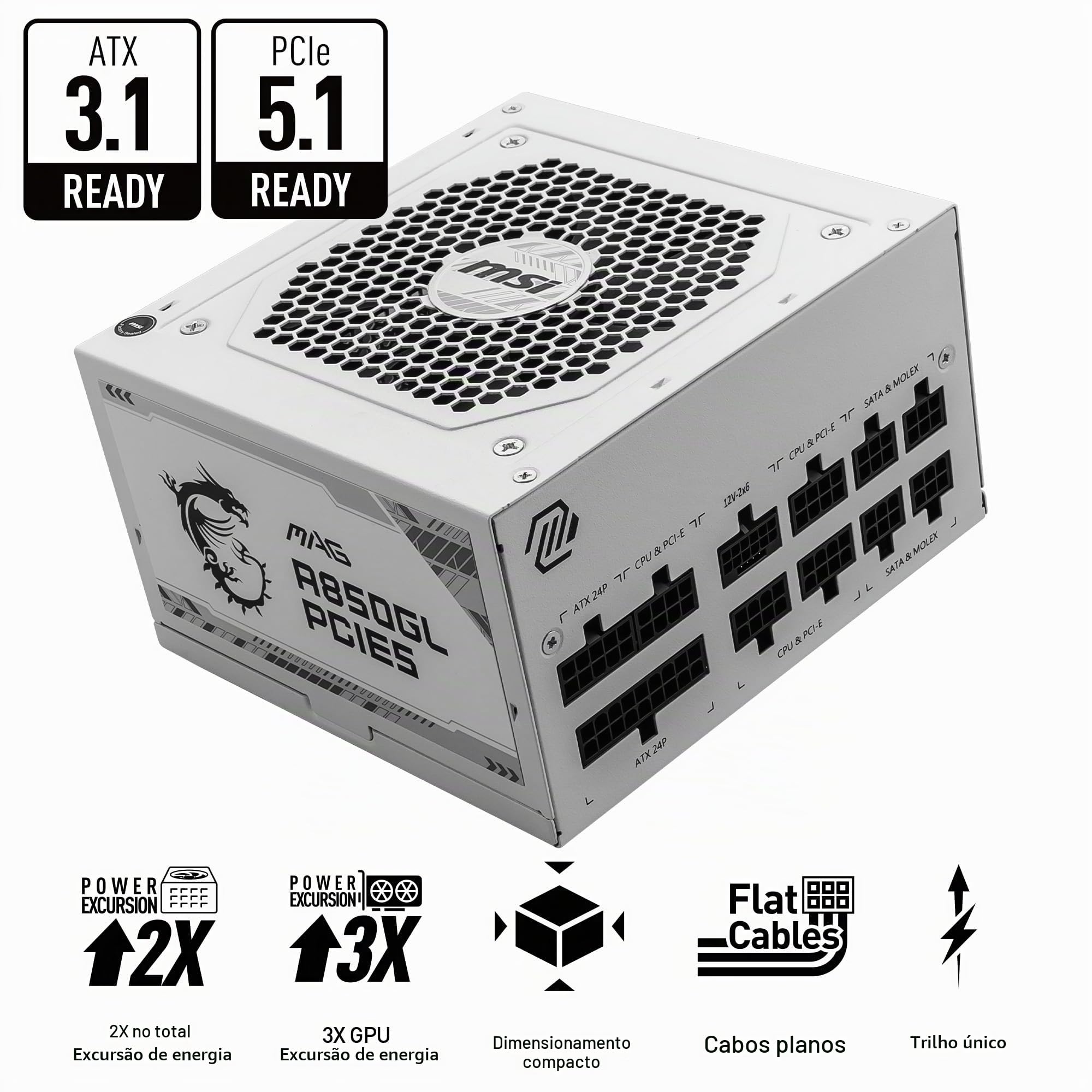 Fonte MSI MAG A850GL, 850W, 80 Plus Gold, Modular, PFC Ativo