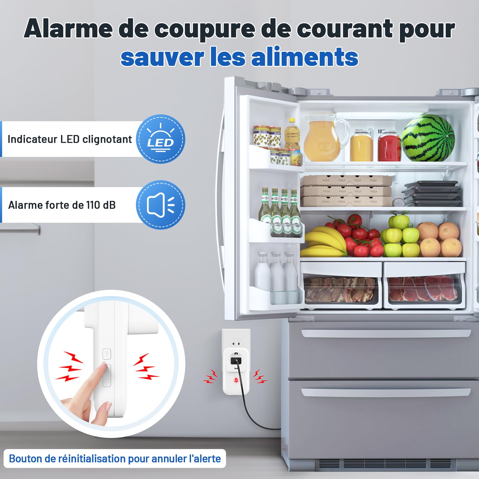 Alarme de Coupure de Courant avec Affichage LED, détecteur de Coupure de Courant avec 5 Niveaux réglables, 0 à 110 DB 7 sonneries, idéal pour la Surveillance des réfrigérateurs