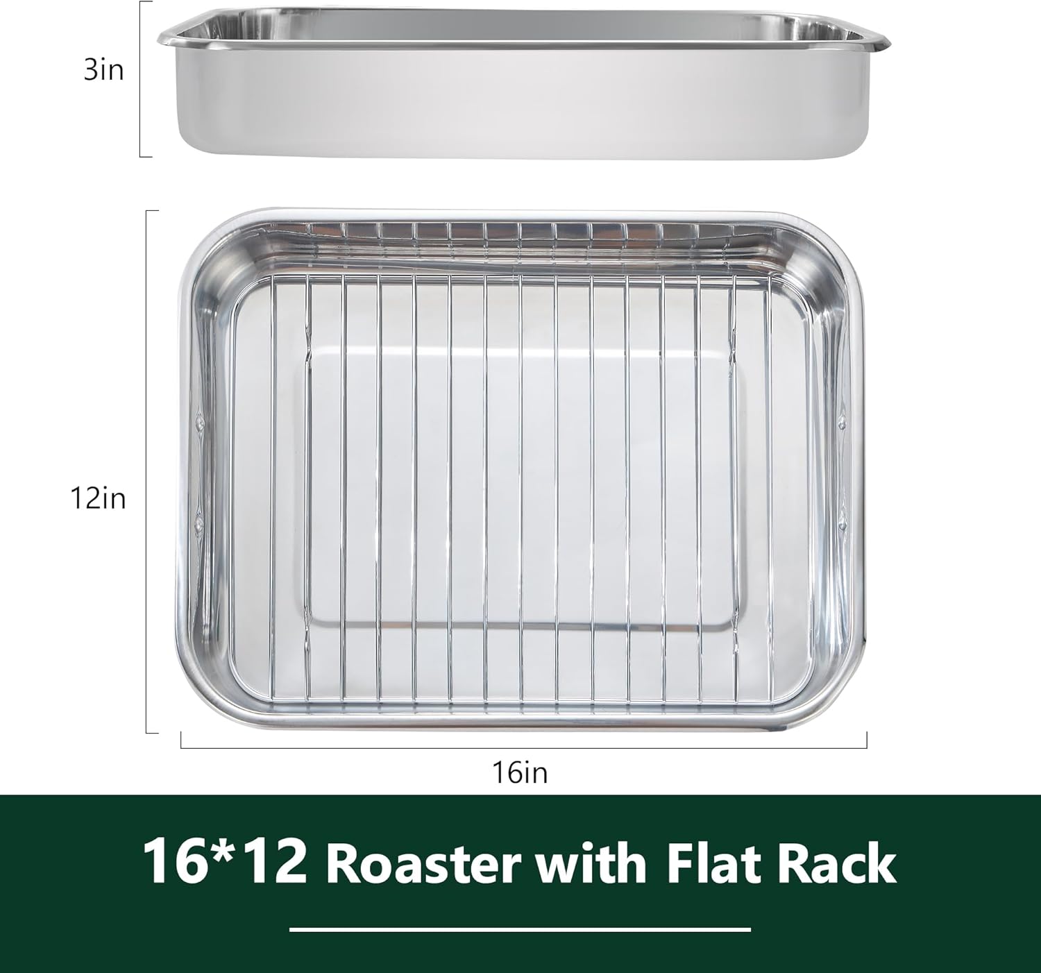 stainless steel roasting pan with rack shown in oven