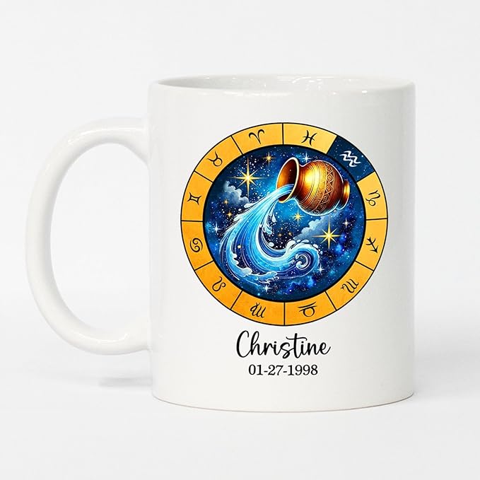 Aquarius Zodiac Coffee Mug Gift For Sister Brother Birthday, Personalized Aquarius Sign Coffee Cup 11 15 Oz, Customized Date & Name Astrology Lover White Ceramic Mug, Symbol Aquarius Travel Mug Gift