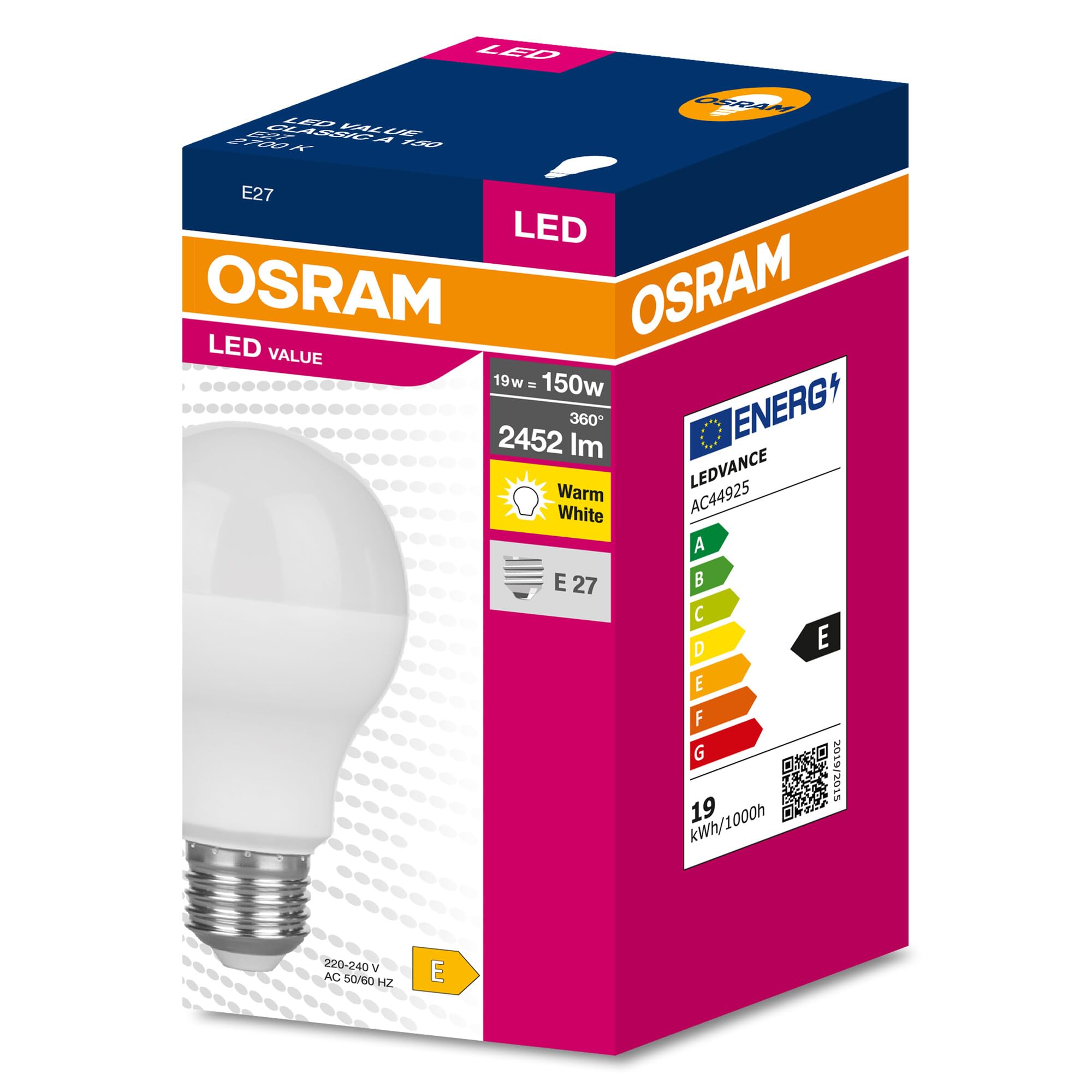 Osram LED Star Value Classic A150 LED-Lampe für E27-Sockel, Glühlampenform, FR, 2452 Lumen, warmweiß (2700K), Ersatz für herkömmliche 150W-Glühlampen, nicht dimmbar 10er-Packung