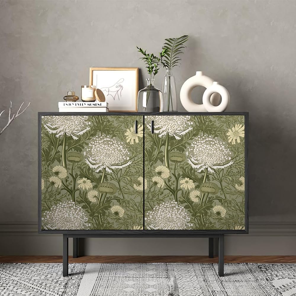 REDAMANCY Boho Abstract Olive White Flower Retro Peel and Stick Wallpaper Vintage Wall Paper Stick on Contact Paper Easy Peel Off for nightstand Drawer Renter Friendly 17.7"x236"