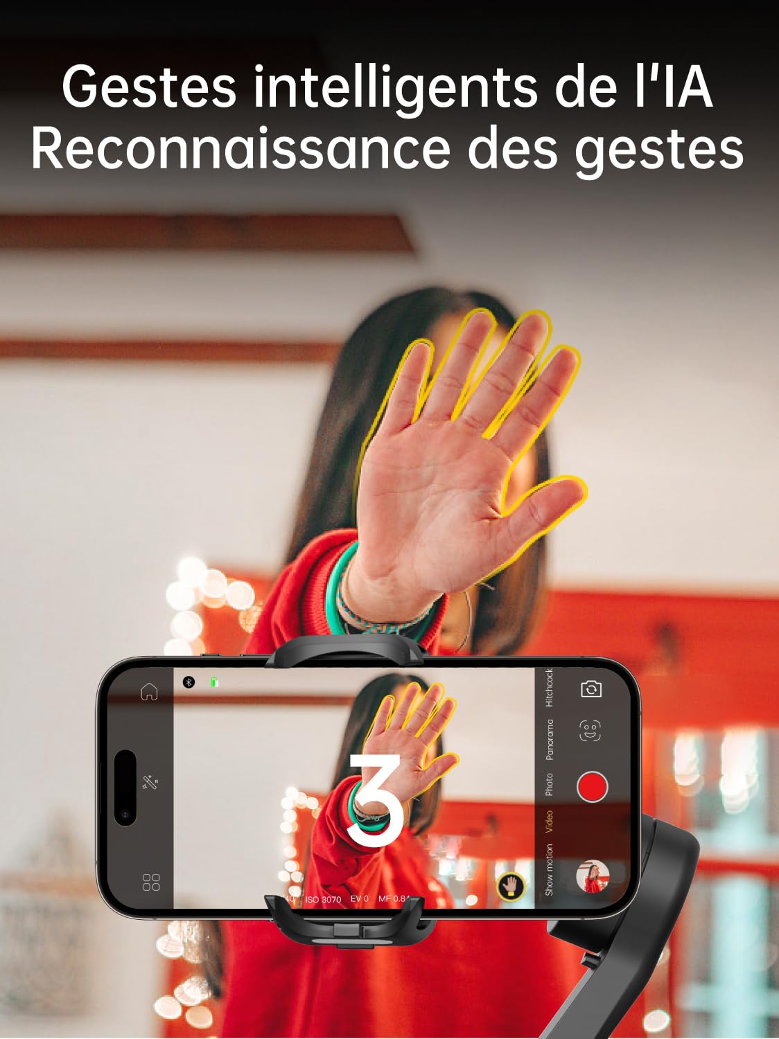 AOCHUAN Stabilisateur de téléphone 3 Axes pour Smartphone Pliable avec molette de Mise au Point TikTok Youtube Vlog pour iPhone16 15 14 13 12 Pro Max Android - Smart XE