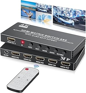 HDMI Matrix Switcher 4X2 With Multiview, Multi-Visor Quad Dual Monitor 4K 4 in 2 Out Multiviewer