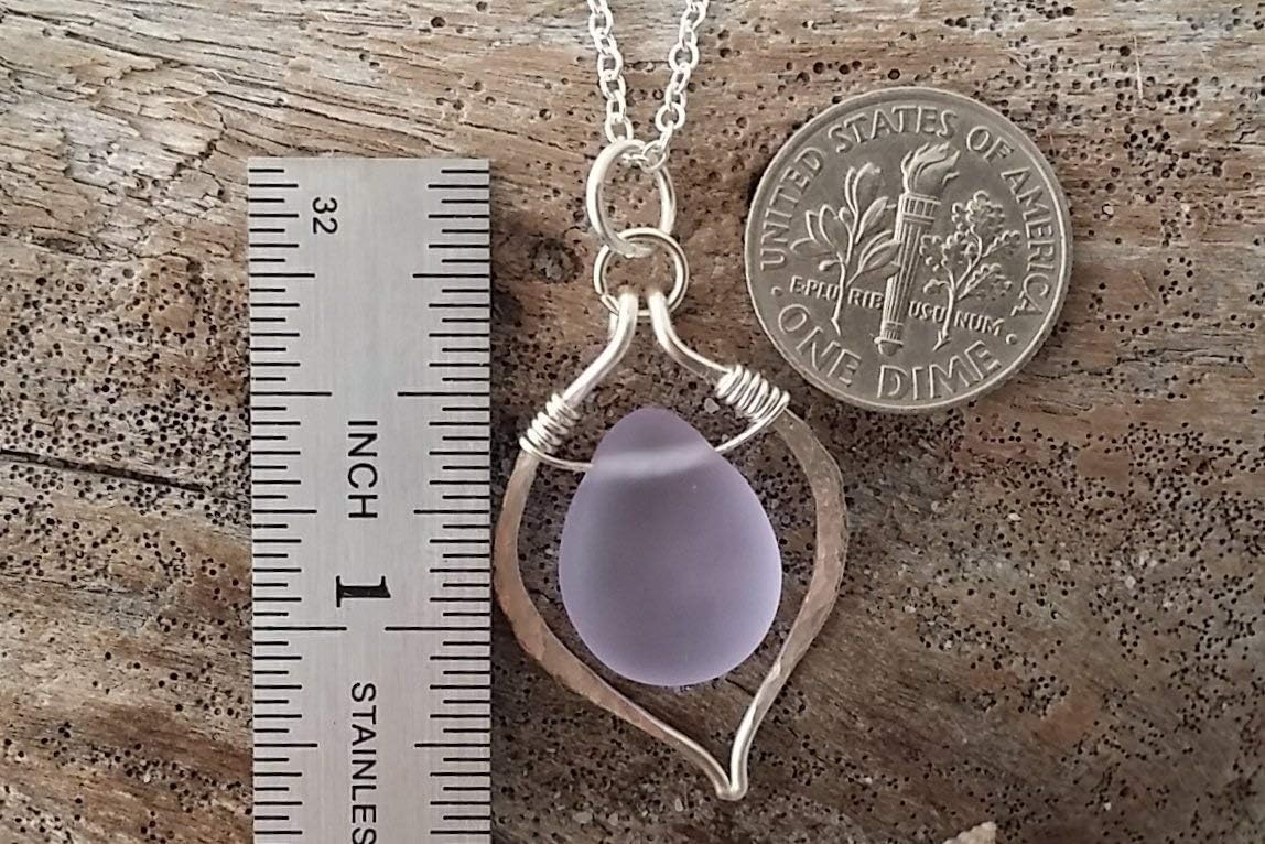 Handmade sea glass jewelry in Hawaii, Hammered wire loop Magical Color Changing purple sea glass necklace, February Birthstone, (Hawaii Gift Wrapped