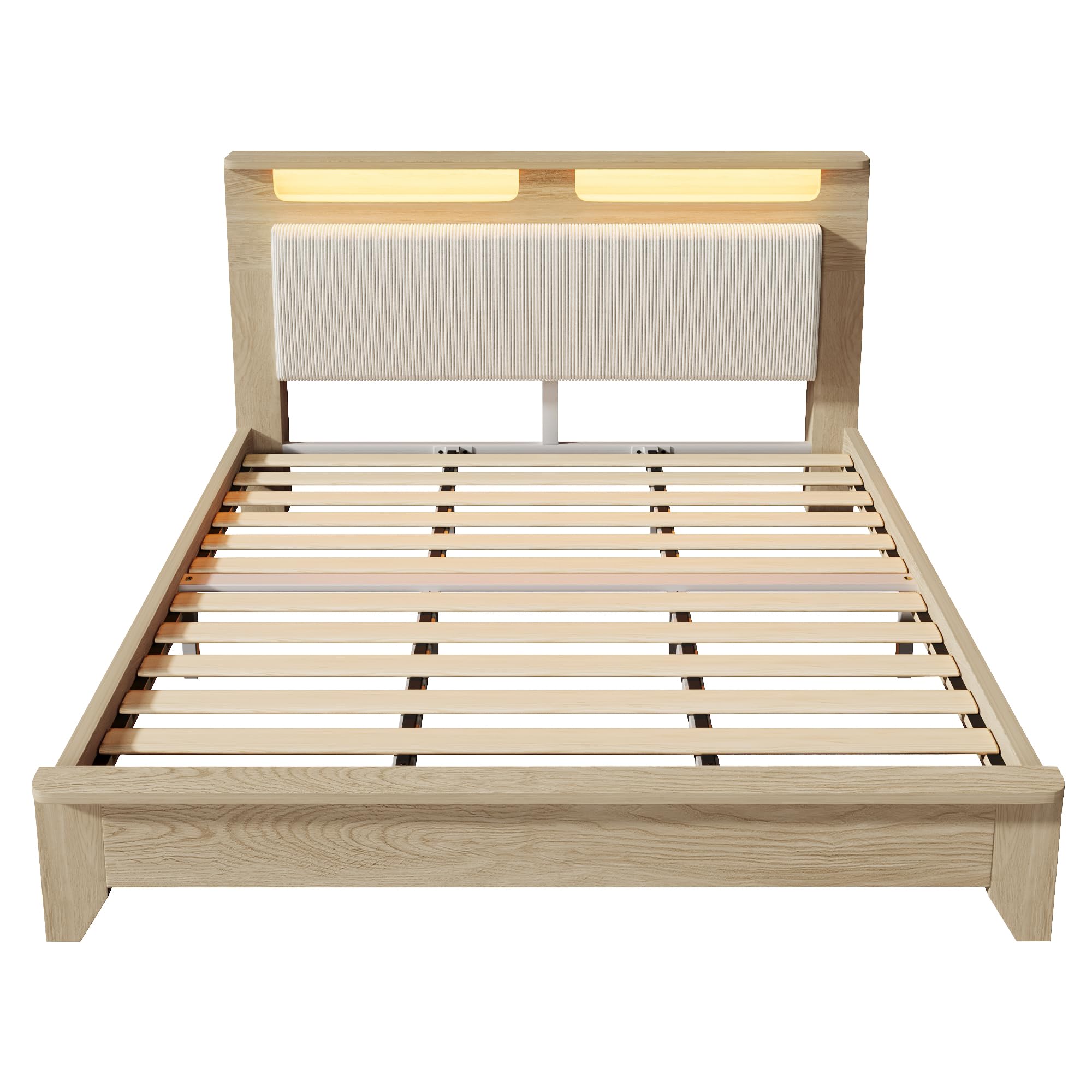 REXO Letto matrimoniale in legno 180×200cm, testiera con vano portaoggetti, illuminazione a LED e schienale imbottito in corda beige, telaio del letto con doghe in legno, rovere chiaro (senza