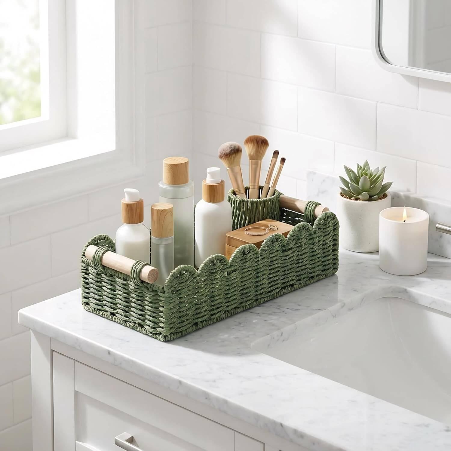 CubesLand Toilet Paper Storage Basket Scalloped Edge Home Decor Green Basket, Living Room Cozy Decor, Paper Rope Small Baskets for Over Toilet Storage Shelf, End Table, Shelves, with 2 Wooden Handles: Beige M - 14"L x 6.3"W x 3.9"H