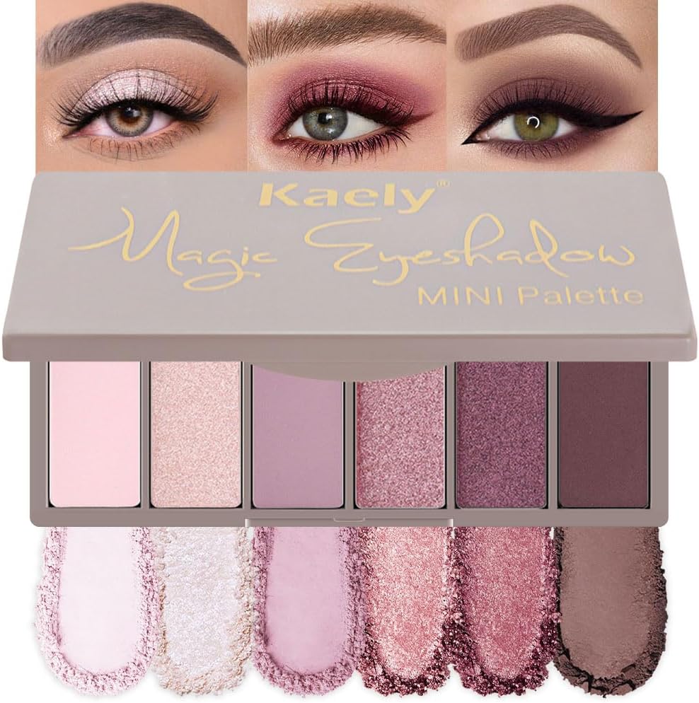 6 Colors Pink Eyeshadow Palette, Nude Pink Plum Mauve Champagne Rose Orchid Wine Red Glitter Shimmer Matte High Pigment Mini Travel Eye Shadow Palette Makeup for Older Women, Built in Mirror