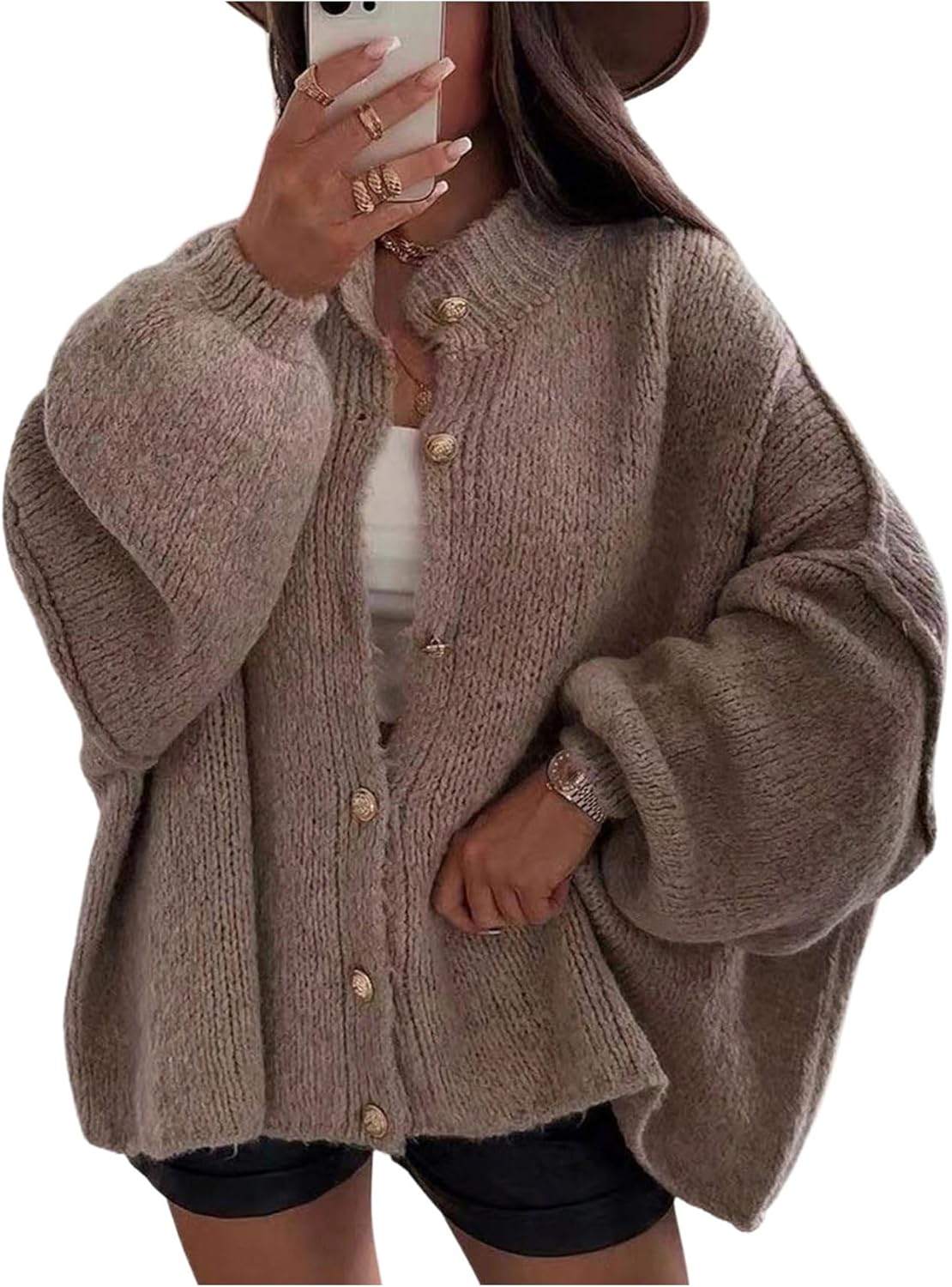 SweatyRocks Women's Oversized Cardigan Sweater Button Down Lantern Sleeve Cozy Sweater Jacket Coats