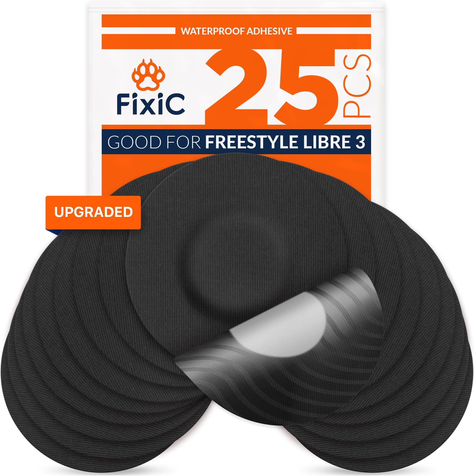 Fixic Libre 3 Sensor Covers - 25 Pack - Freestyle Adhesive Patches for Libre 3 & Plus Sensors - No Glue in the Center - Pre-Cut Back Paper - The Best Fixation for Your Sensor! (Upgraded, Black)