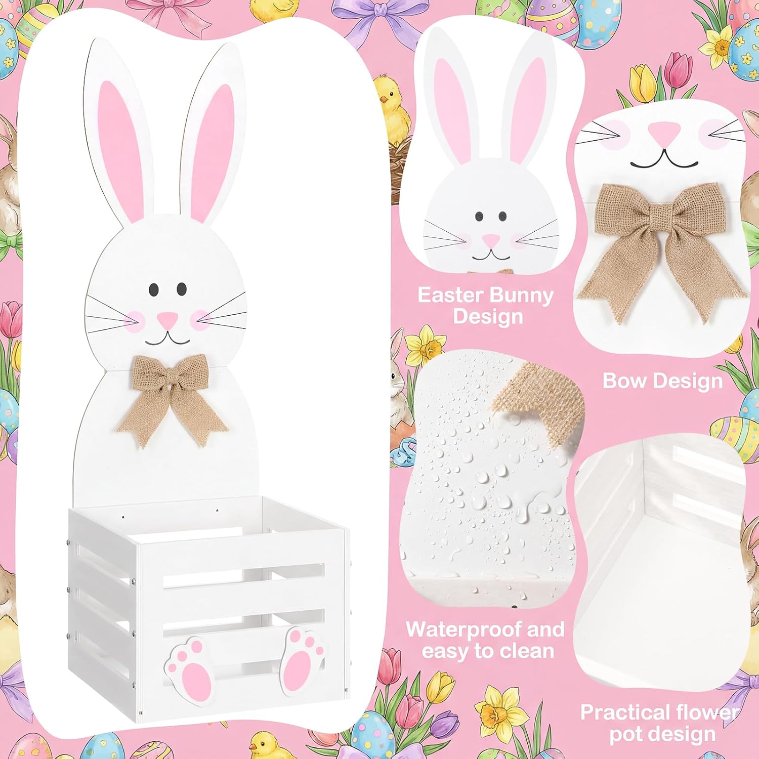 Large Easter Decorations Outdoor Wooden Bunny Planter Box Flower Pot Easter Bunny Yard Decorationsfor Porch Decor Front Door Outdoor Indoor Patio Lawn Garden Backyard 31.5''h