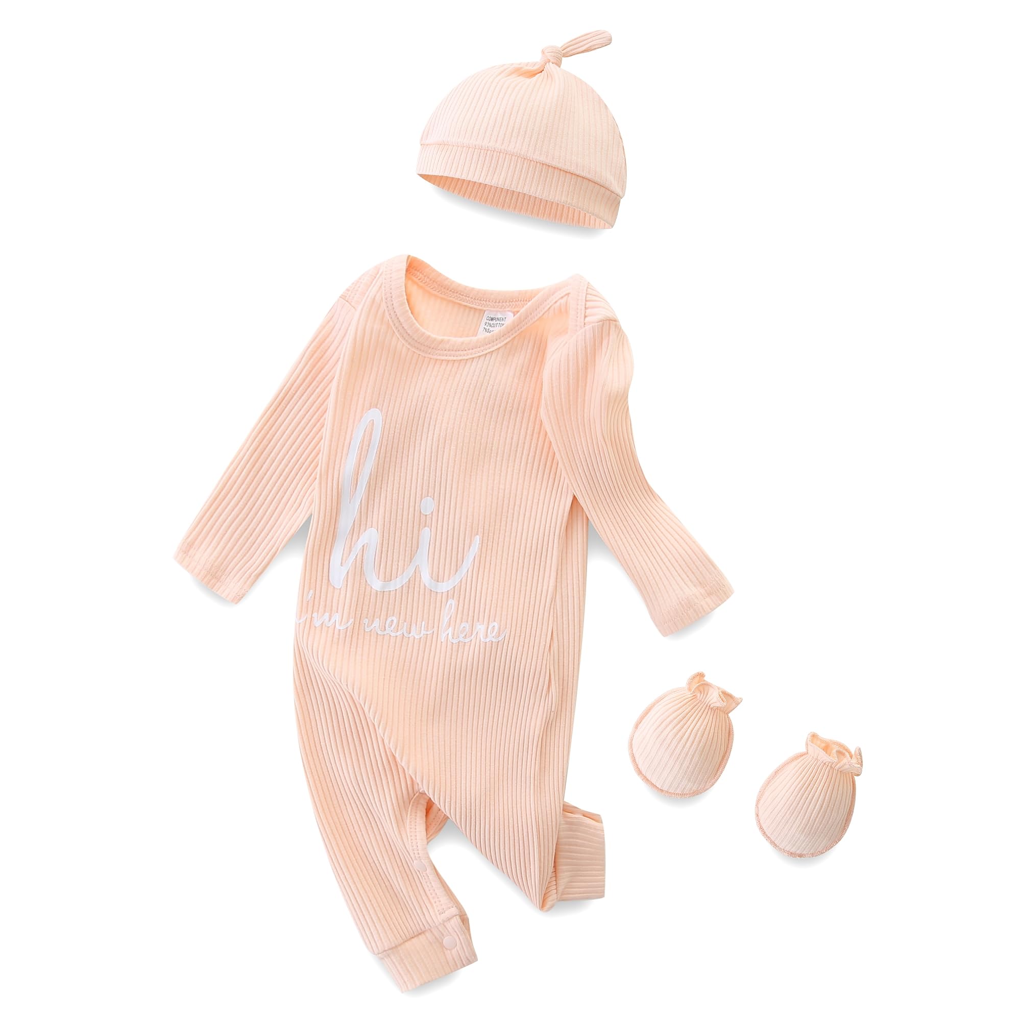 Baby Boy Girl Ribbed Onesies Romper Coming Home Outfits Letter Print Bodysuit Jumpsuit Hat Glove 3PCS Clothes Set