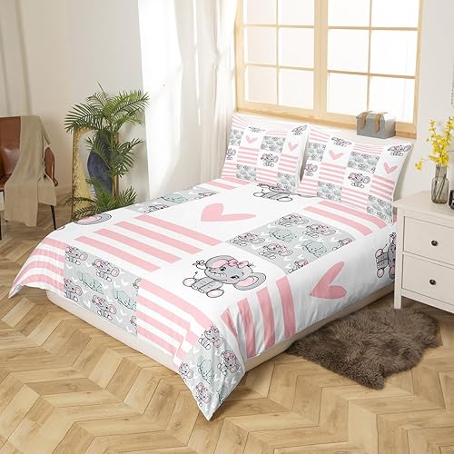 Miniatura 2 de Lindo juego de ropa de cama de elefante, juego de funda de edredón a rayas rosas y blancas para decoración de habitación de adolescentes y mujeres,