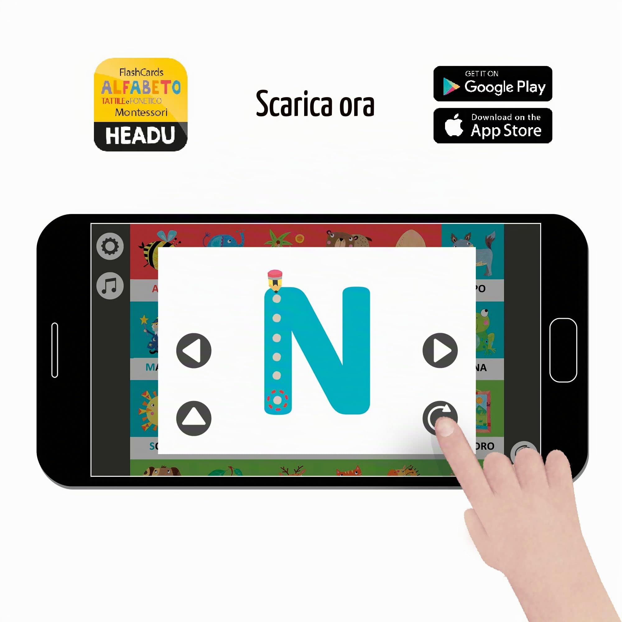 Headu Flashcards Alfabeto Tattile E Fonetico Montessori Leggi Tocca E Ascolta It23752 Gioco Educativo Per Bambini 2-5 Anni Made In Italy (Confezione da 3)